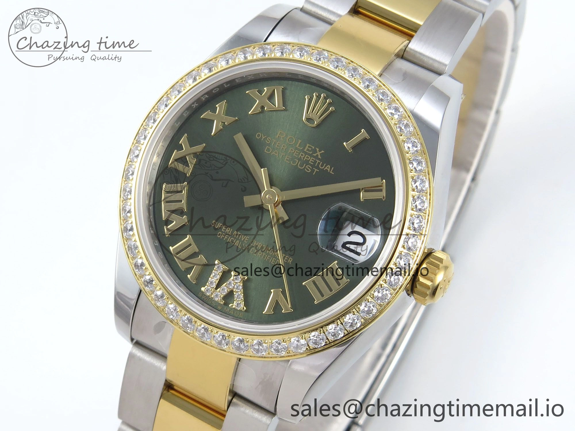 WrinkleFree DateJust 31 278383RBR ARF 1:1 Best Edition 904L Steel Green Roman Diamonds Dial Diamonds Bezel on SS YG Oyster Bracelet ETA 404