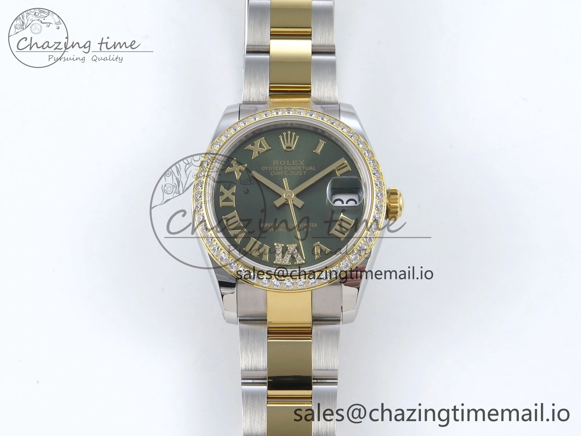 WrinkleFree DateJust 31 278383RBR ARF 1:1 Best Edition 904L Steel Green Roman Diamonds Dial Diamonds Bezel on SS YG Oyster Bracelet ETA 404