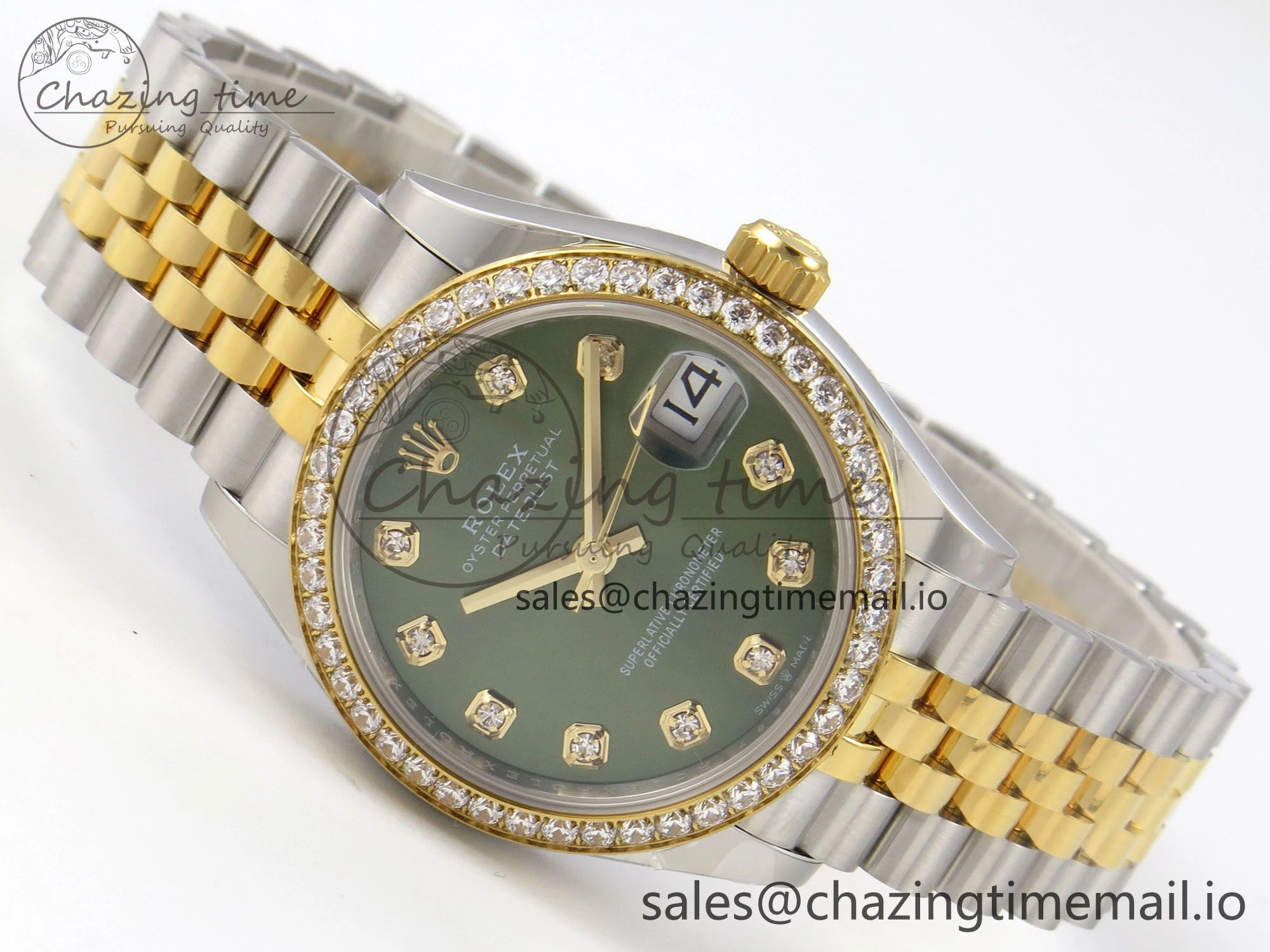 Timeless DateJust 31 278383RBR THBF 1:1 Best Edition 904L Steel Green Diamonds Dial Diamonds Bezel on SS YG Jubilee Bracelet HZ Cal. 17