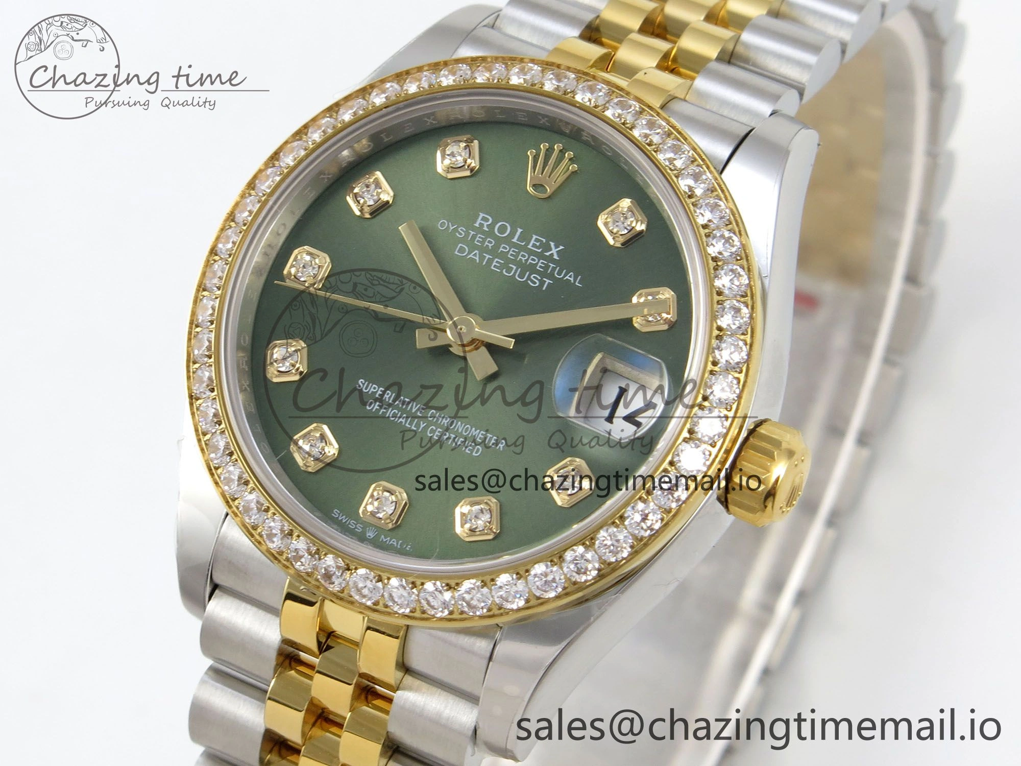 Timeless DateJust 31 278383RBR THBF 1:1 Best Edition 904L Steel Green Diamonds Dial Diamonds Bezel on SS YG Jubilee Bracelet HZ Cal. 17