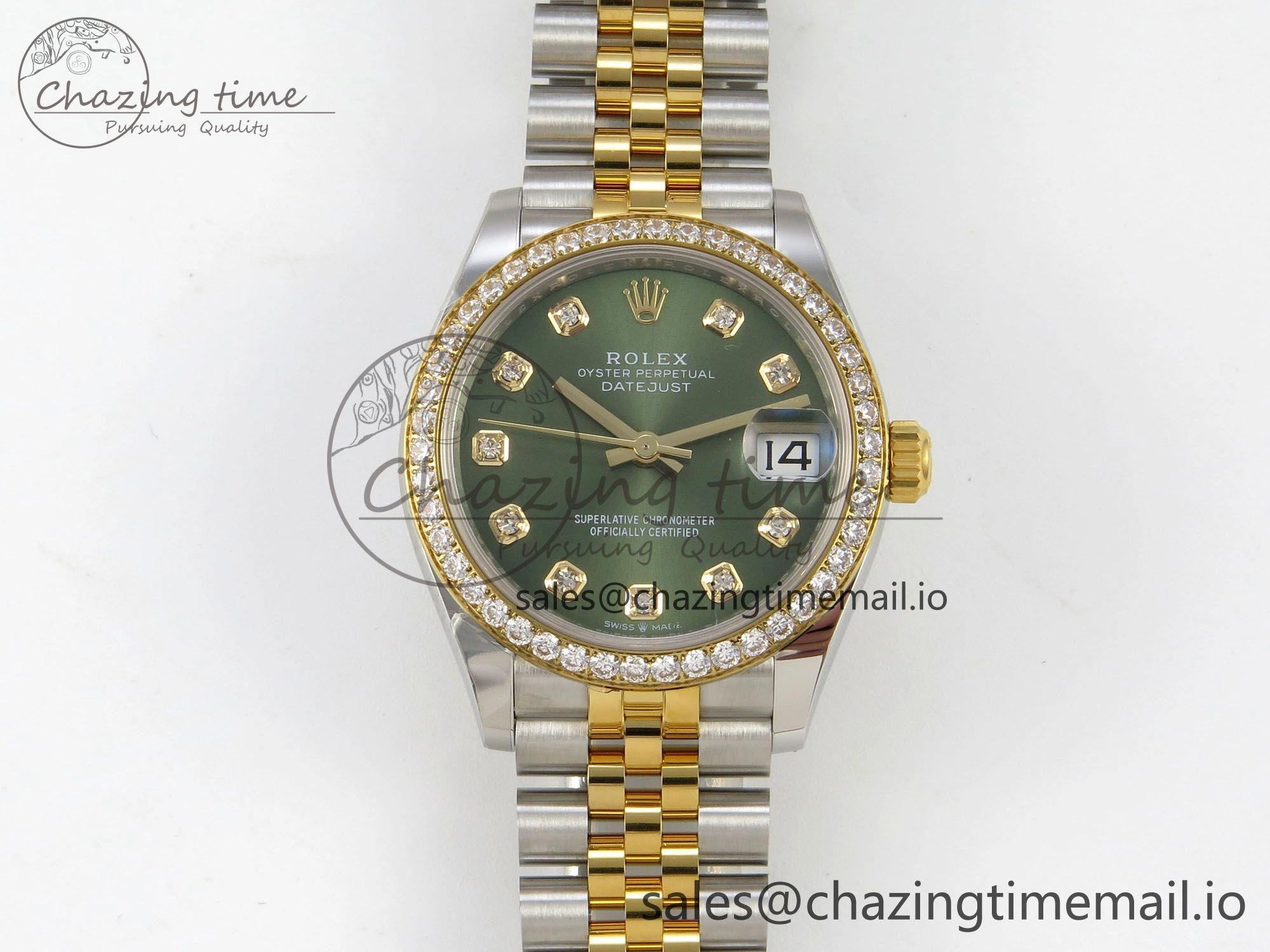 Timeless DateJust 31 278383RBR THBF 1:1 Best Edition 904L Steel Green Diamonds Dial Diamonds Bezel on SS YG Jubilee Bracelet HZ Cal. 17