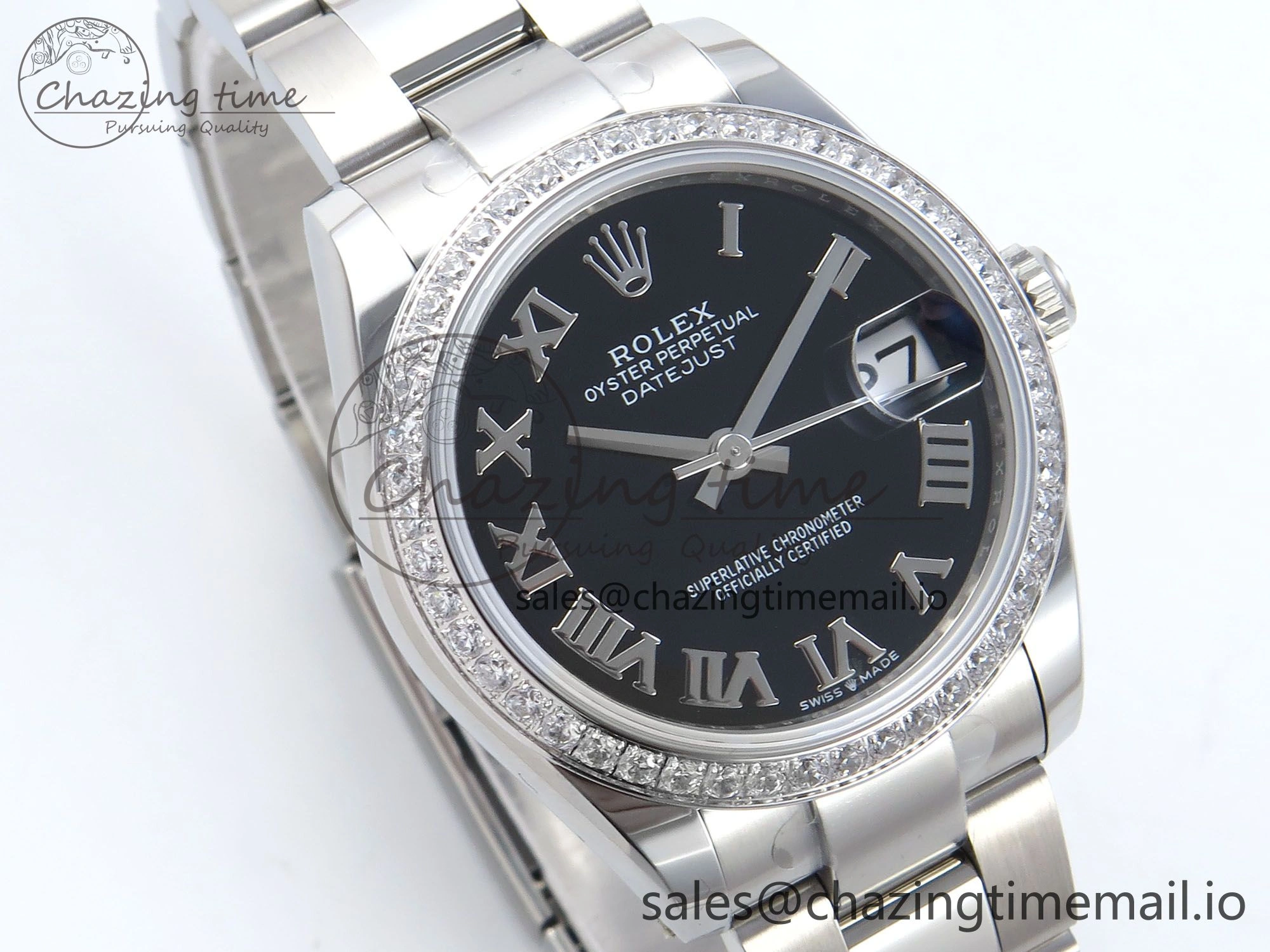 Timeless DateJust 31 278384RBR ARF 1:1 Best Edition 904L Steel Black Roman Dial Diamonds Bezel on SS Oyster Bracelet ETA 433