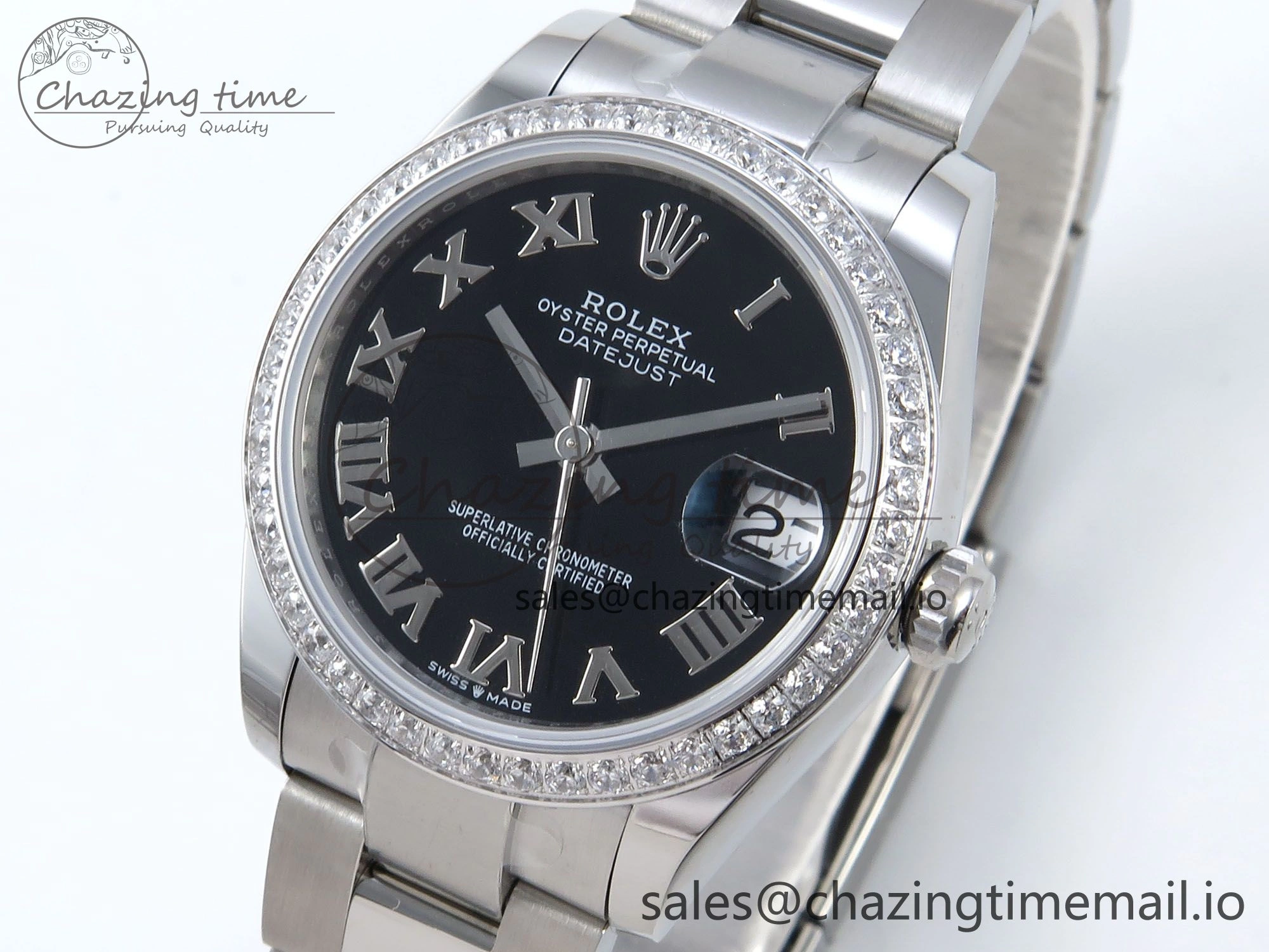 Timeless DateJust 31 278384RBR ARF 1:1 Best Edition 904L Steel Black Roman Dial Diamonds Bezel on SS Oyster Bracelet ETA 433