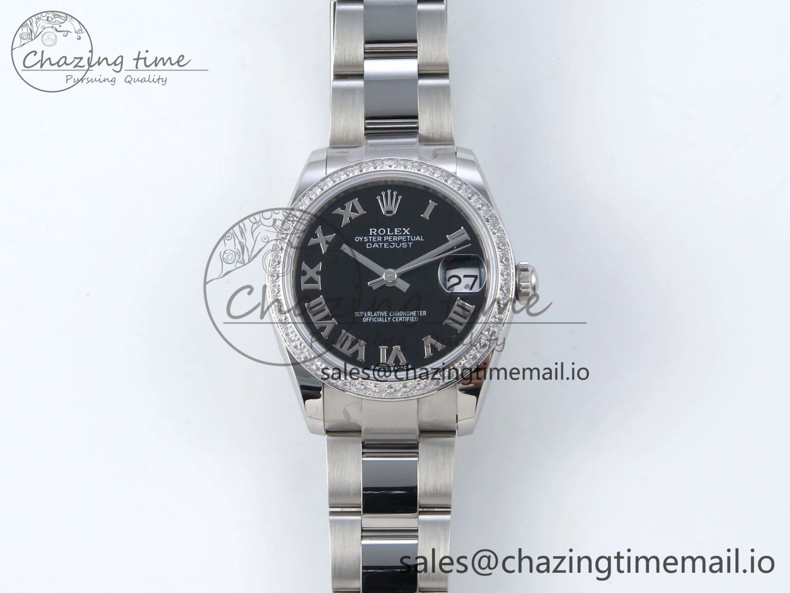 Timeless DateJust 31 278384RBR ARF 1:1 Best Edition 904L Steel Black Roman Dial Diamonds Bezel on SS Oyster Bracelet ETA 433