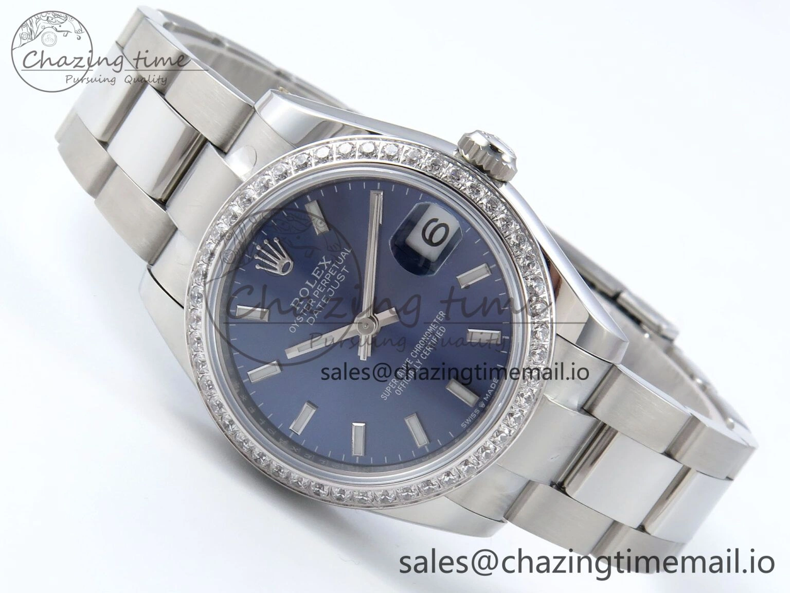 EyeCatching DateJust 31 278384RBR ARF 1:1 Best Edition 904L Steel Blue Stick Dial Diamonds Bezel on SS Oyster Bracelet ETA 441