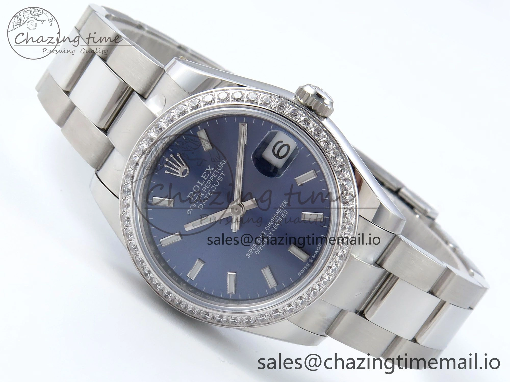 EyeCatching DateJust 31 278384RBR ARF 1:1 Best Edition 904L Steel Blue Stick Dial Diamonds Bezel on SS Oyster Bracelet ETA 441