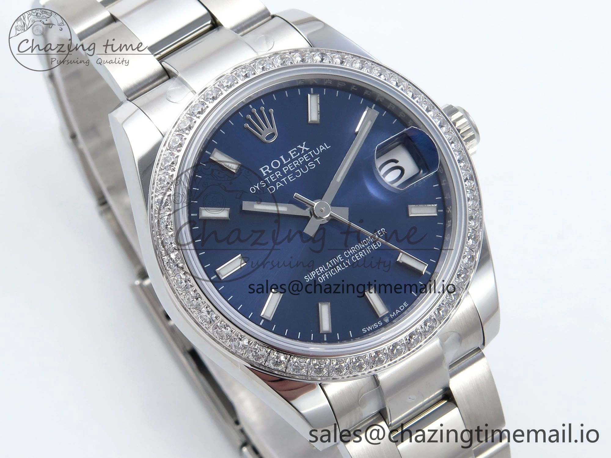 EyeCatching DateJust 31 278384RBR ARF 1:1 Best Edition 904L Steel Blue Stick Dial Diamonds Bezel on SS Oyster Bracelet ETA 441