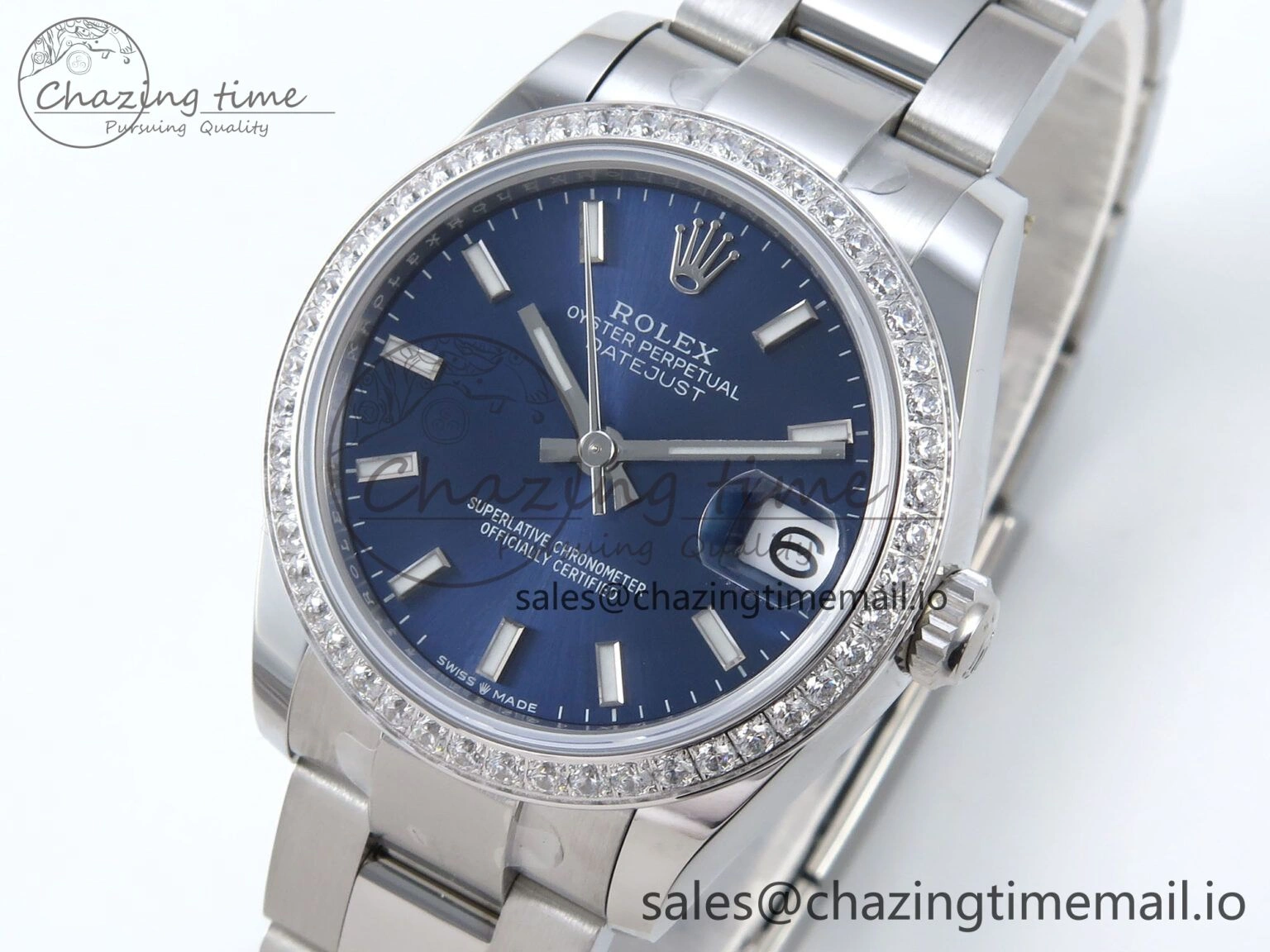 EyeCatching DateJust 31 278384RBR ARF 1:1 Best Edition 904L Steel Blue Stick Dial Diamonds Bezel on SS Oyster Bracelet ETA 441