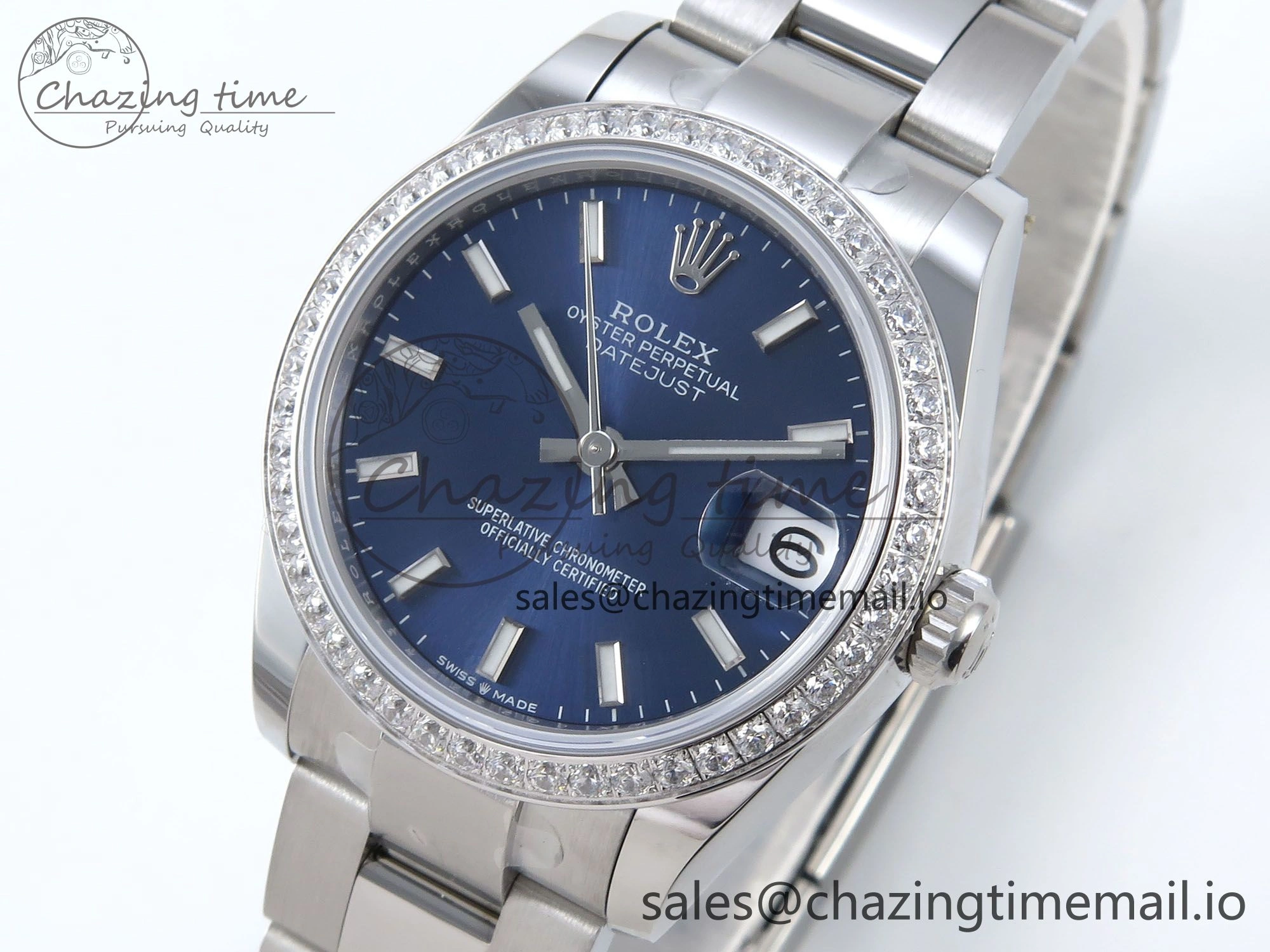 EyeCatching DateJust 31 278384RBR ARF 1:1 Best Edition 904L Steel Blue Stick Dial Diamonds Bezel on SS Oyster Bracelet ETA 441
