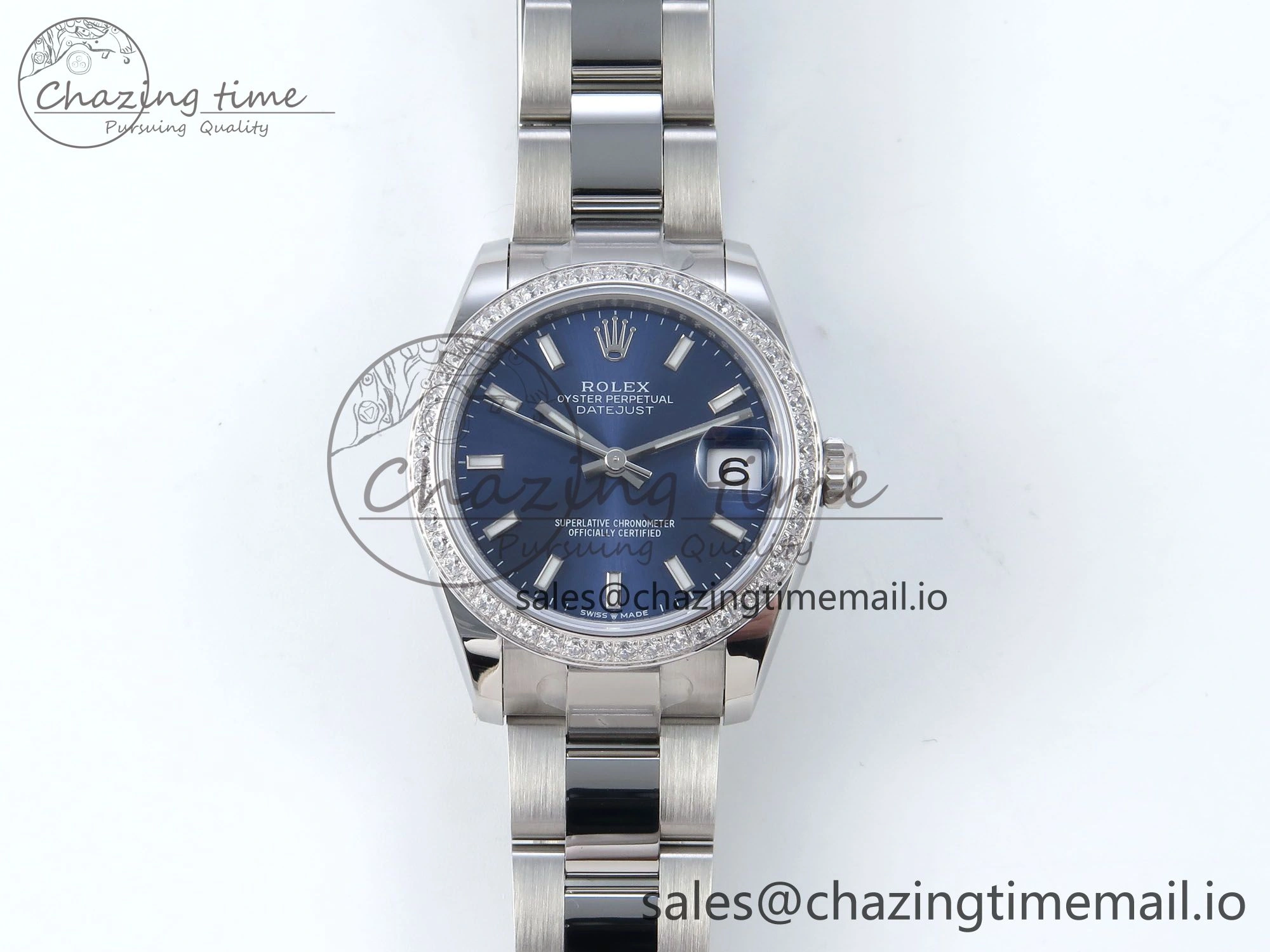 EyeCatching DateJust 31 278384RBR ARF 1:1 Best Edition 904L Steel Blue Stick Dial Diamonds Bezel on SS Oyster Bracelet ETA 441