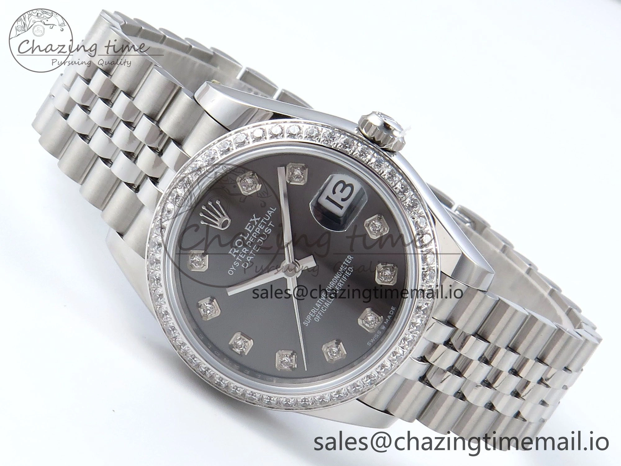 TechFriendly DateJust 31 278384RBR ARF 1:1 Best Edition 904L Steel Gray Diamonds Dial Diamonds Bezel on SS Jubilee Bracelet ETA 440