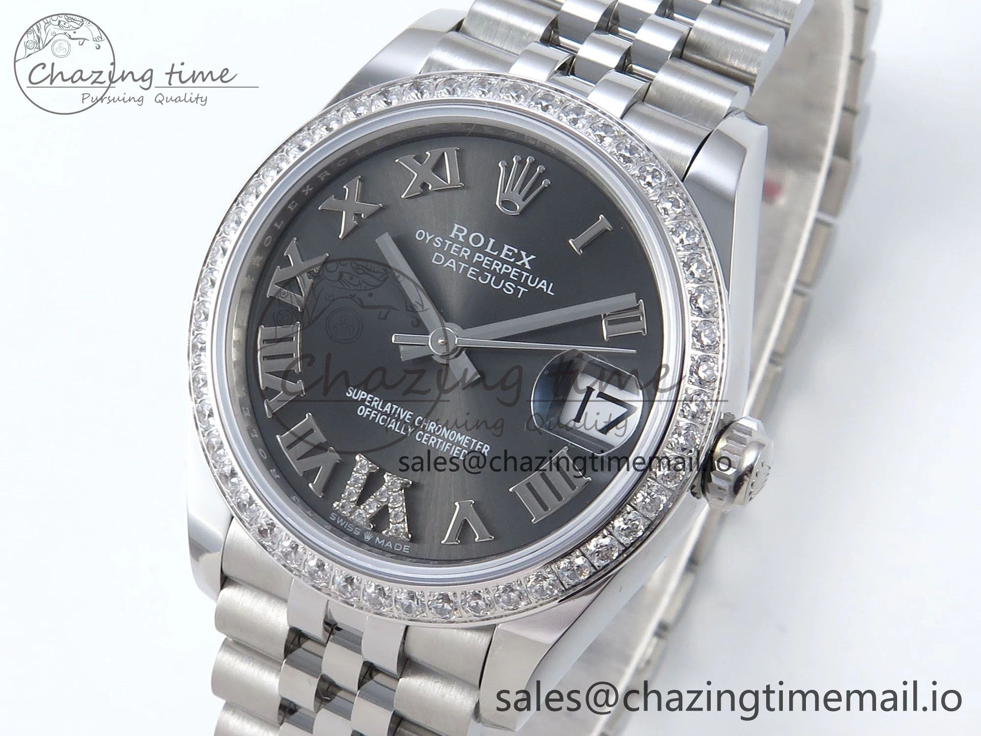 Soft DateJust 31 278384RBR ARF 1:1 Best Edition 904L Steel Gray Roman Diamonds Dial Diamonds Bezel on SS Jubilee Bracelet ETA 442