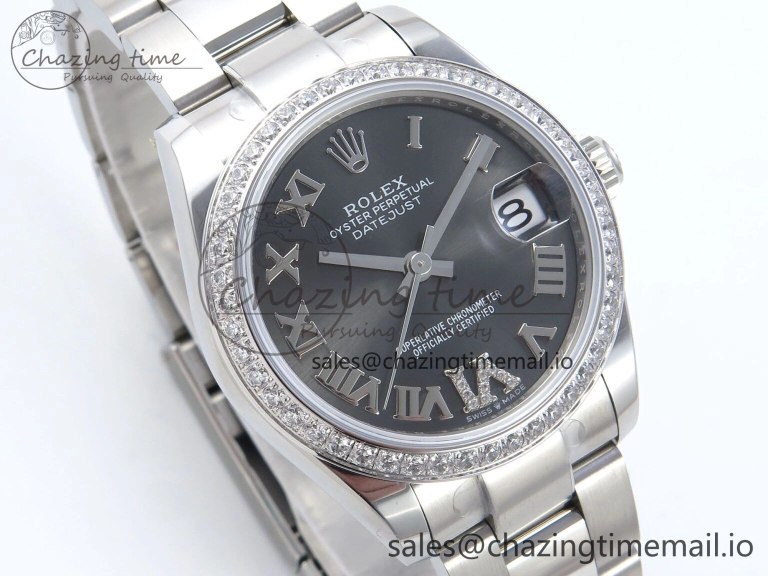 FashionForward DateJust 31 278384RBR ARF 1:1 Best Edition 904L Steel Gray Roman Diamonds Dial Diamonds Bezel on SS Oyster Bracelet ETA 437