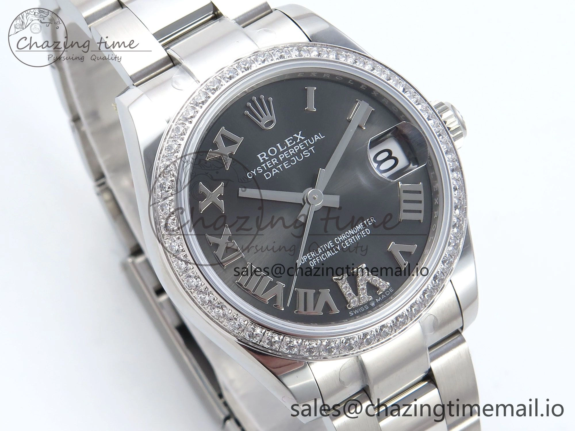 FashionForward DateJust 31 278384RBR ARF 1:1 Best Edition 904L Steel Gray Roman Diamonds Dial Diamonds Bezel on SS Oyster Bracelet ETA 437