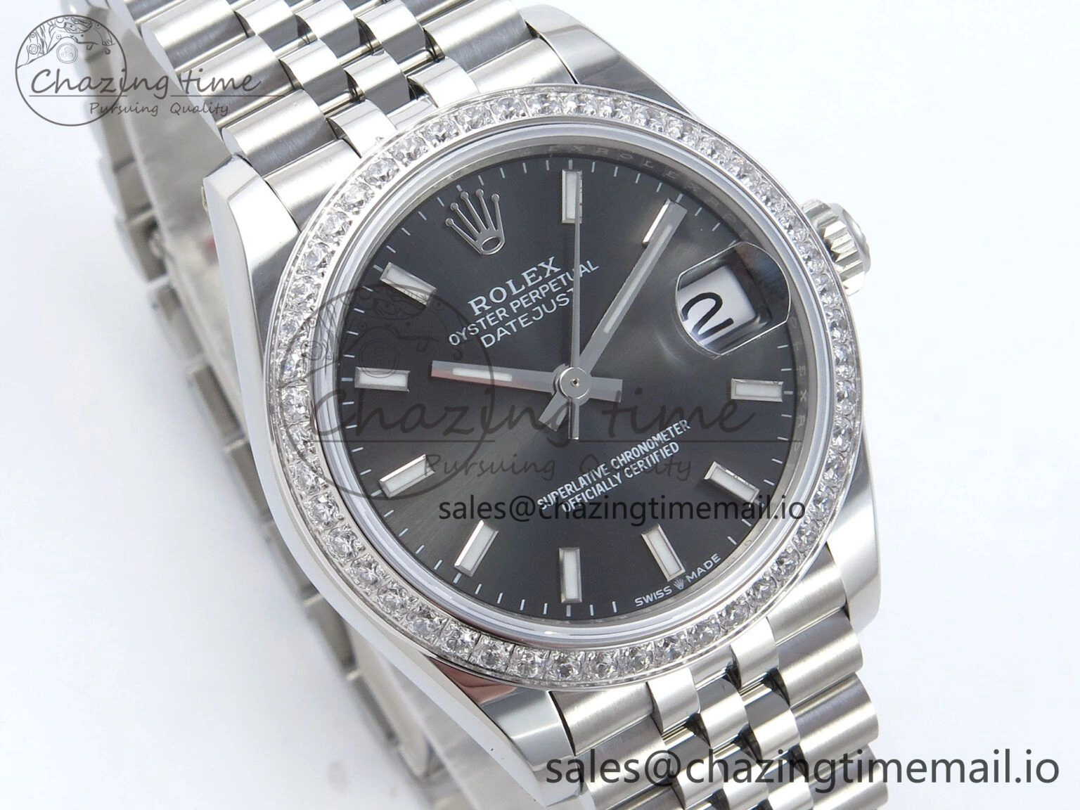TopPick DateJust 31 278384RBR ARF 1:1 Best Edition 904L Steel Gray Stick Dial Diamonds Bezel on SS Jubilee Bracelet ETA 455