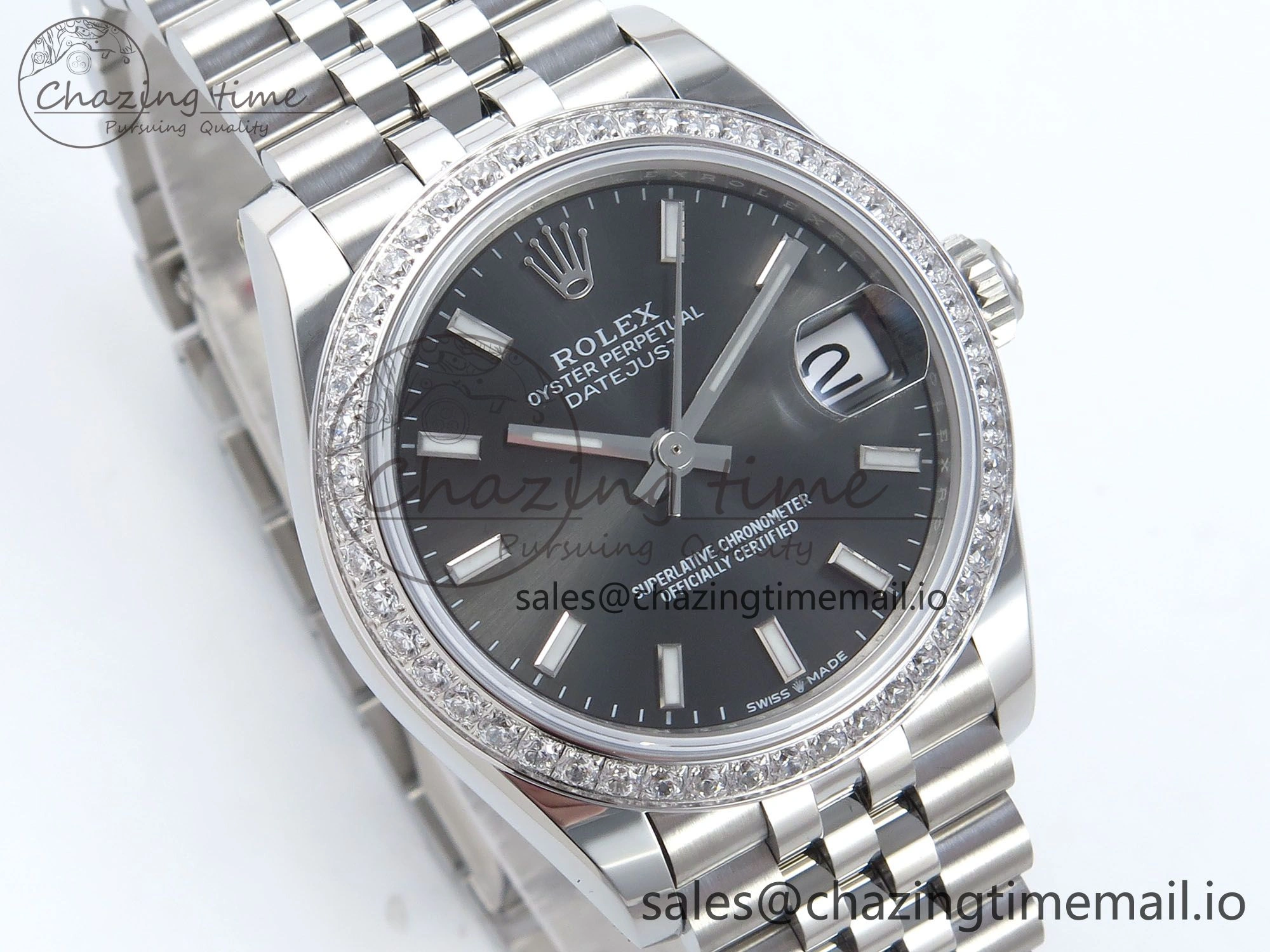 TopPick DateJust 31 278384RBR ARF 1:1 Best Edition 904L Steel Gray Stick Dial Diamonds Bezel on SS Jubilee Bracelet ETA 455