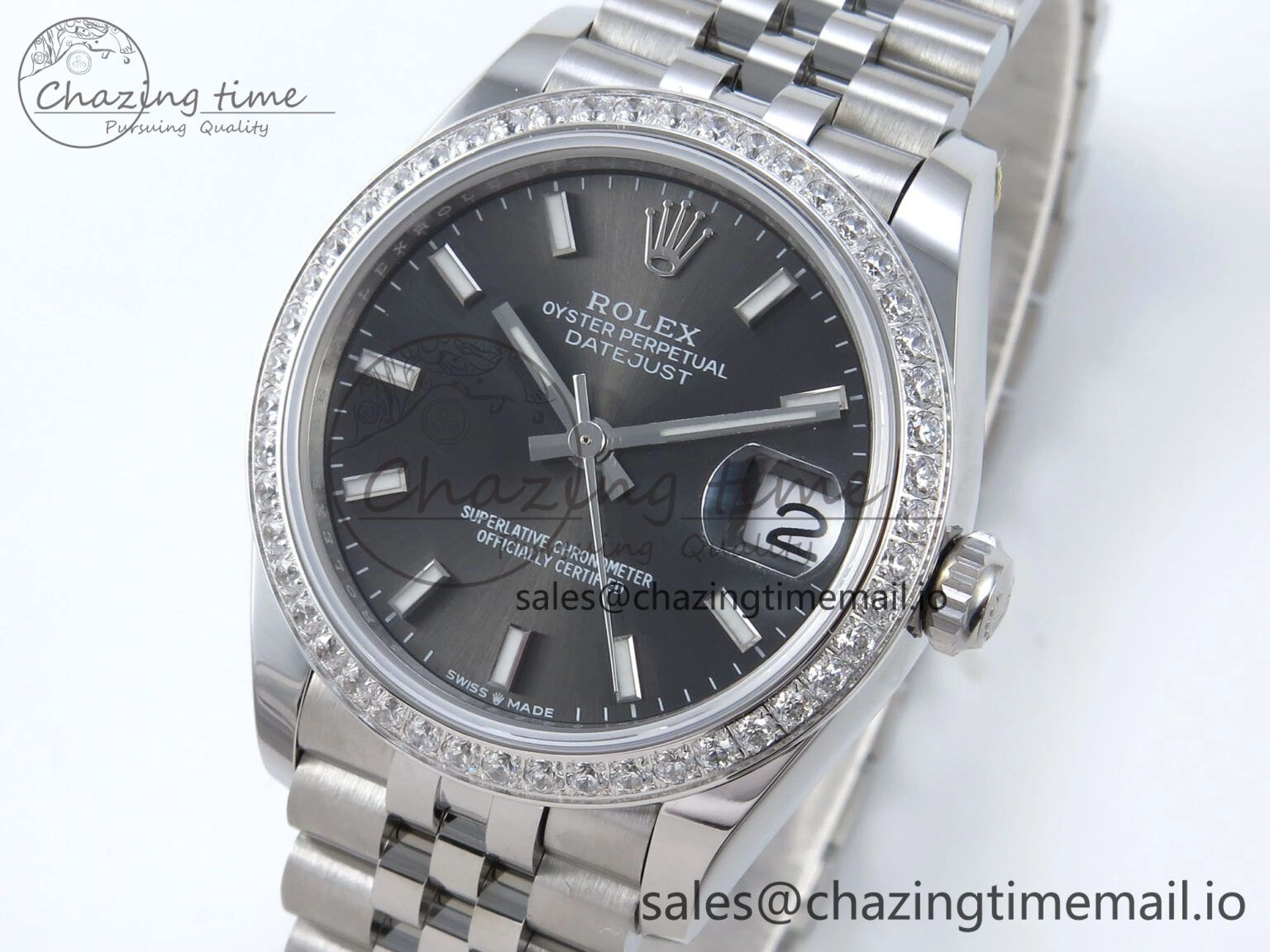 TopPick DateJust 31 278384RBR ARF 1:1 Best Edition 904L Steel Gray Stick Dial Diamonds Bezel on SS Jubilee Bracelet ETA 455