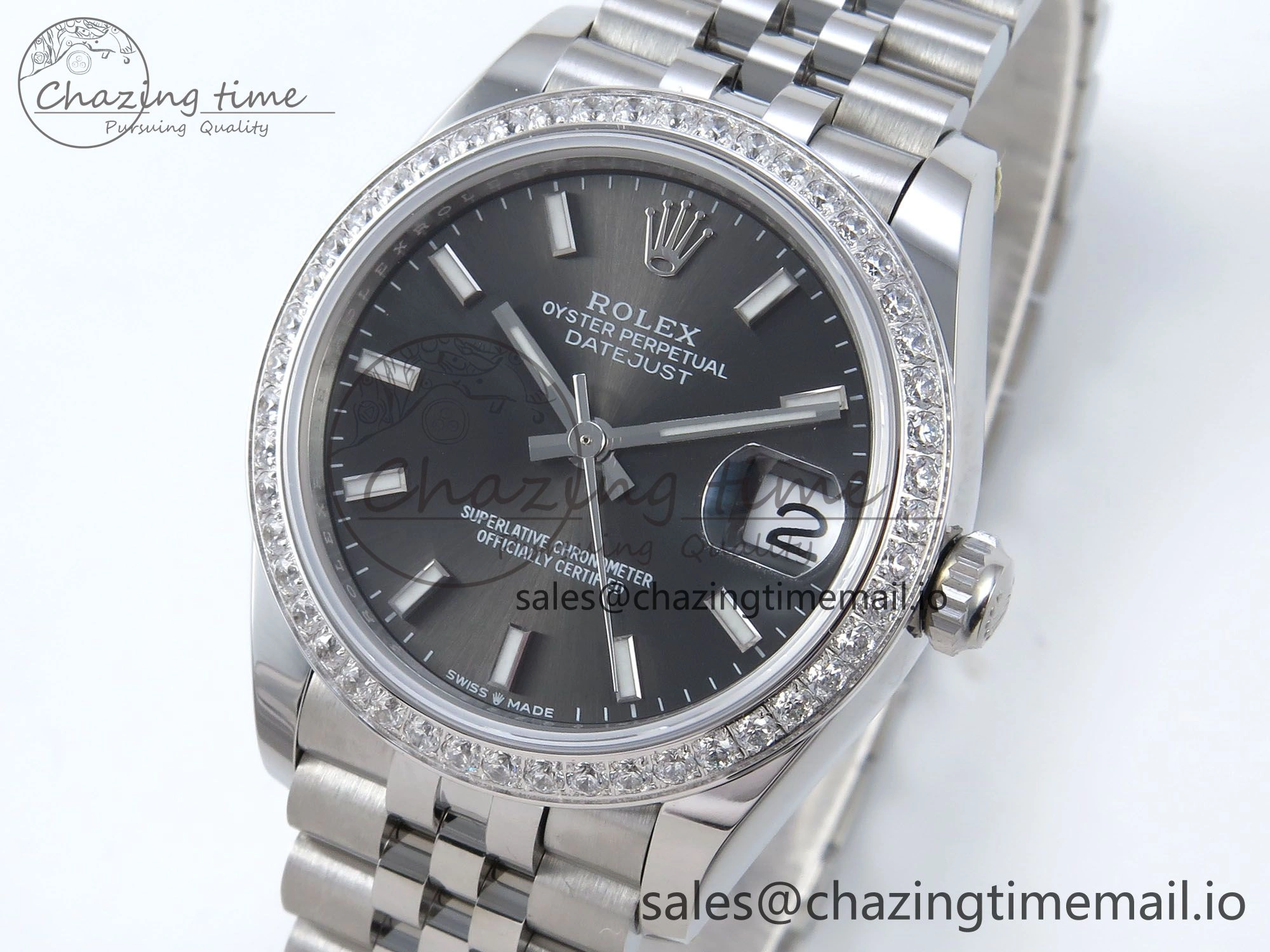 TopPick DateJust 31 278384RBR ARF 1:1 Best Edition 904L Steel Gray Stick Dial Diamonds Bezel on SS Jubilee Bracelet ETA 455