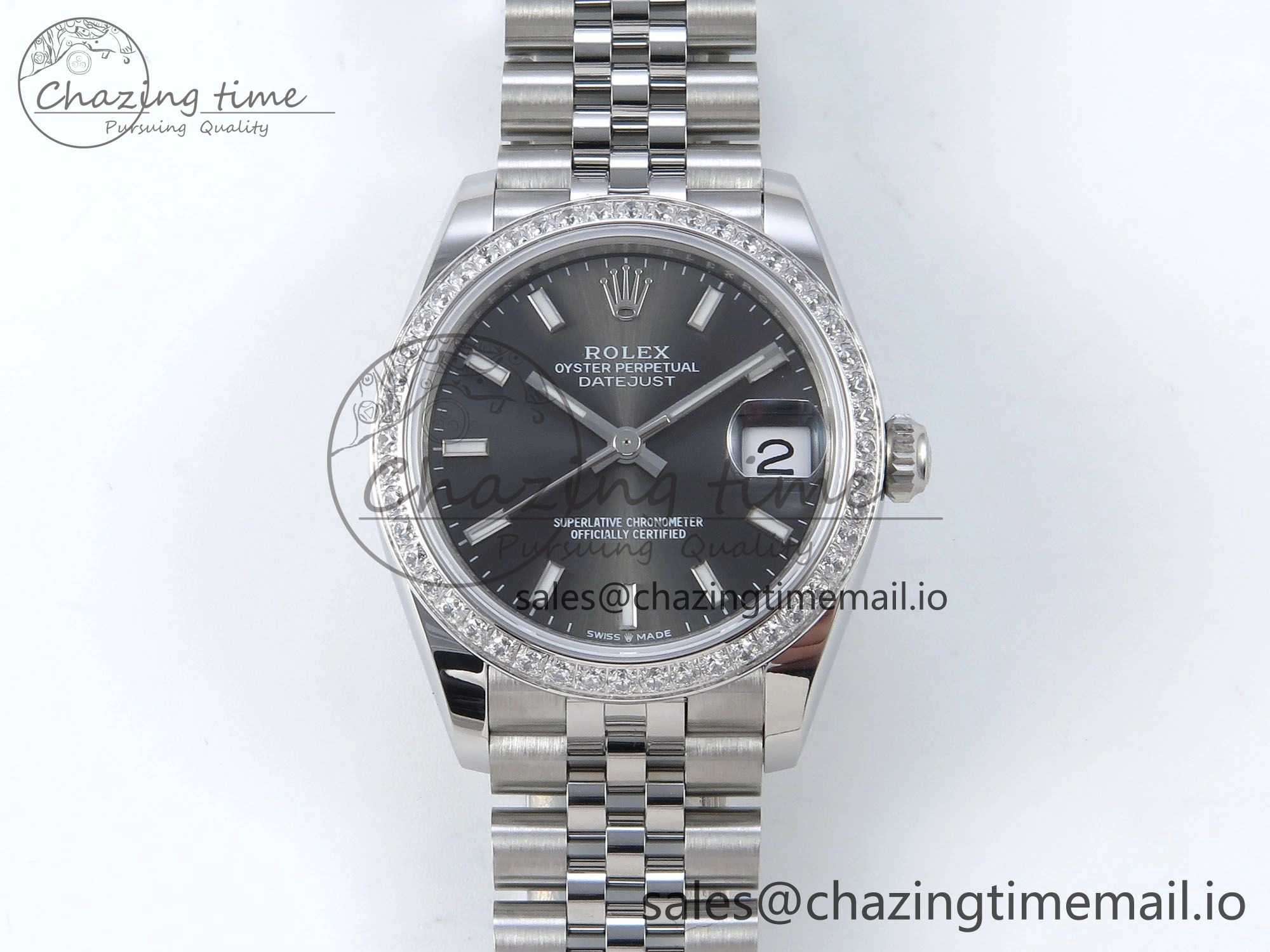 TopPick DateJust 31 278384RBR ARF 1:1 Best Edition 904L Steel Gray Stick Dial Diamonds Bezel on SS Jubilee Bracelet ETA 455