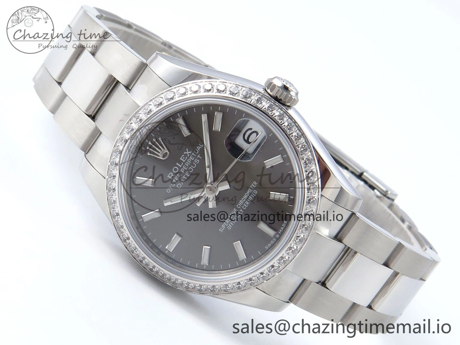 Premium DateJust 31 278384RBR ARF 1:1 Best Edition 904L Steel Gray Stick Dial Diamonds Bezel on SS Oyster Bracelet ETA 435