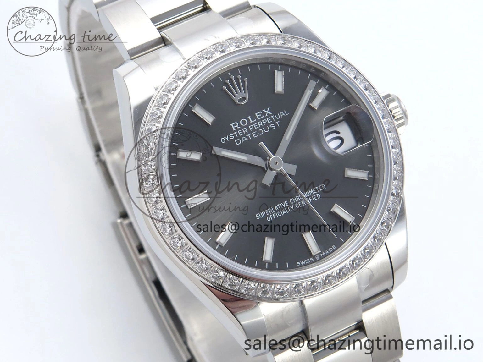 Premium DateJust 31 278384RBR ARF 1:1 Best Edition 904L Steel Gray Stick Dial Diamonds Bezel on SS Oyster Bracelet ETA 435