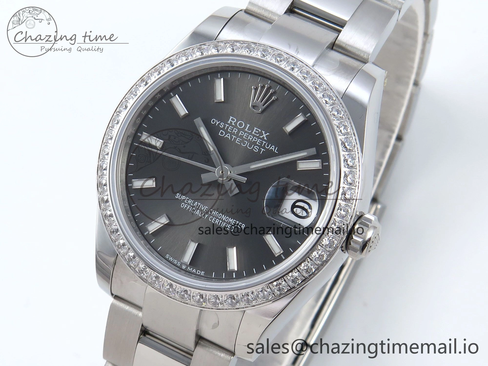 Premium DateJust 31 278384RBR ARF 1:1 Best Edition 904L Steel Gray Stick Dial Diamonds Bezel on SS Oyster Bracelet ETA 435