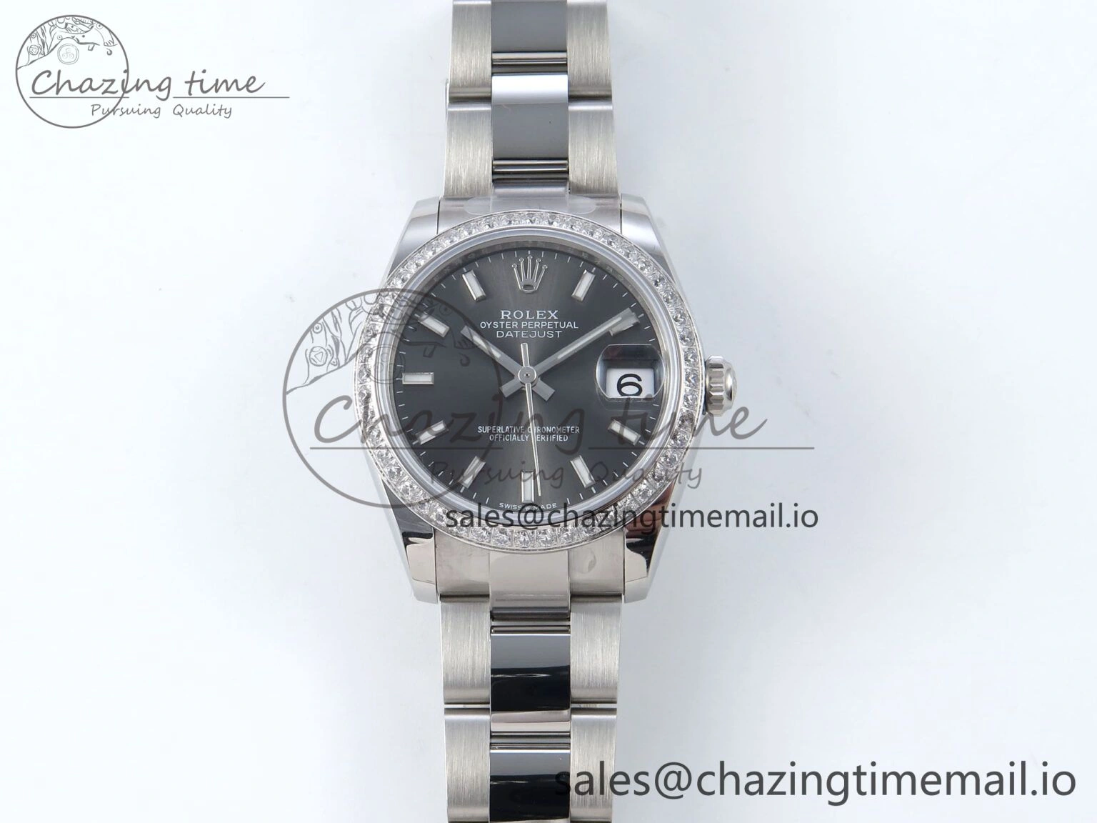 Premium DateJust 31 278384RBR ARF 1:1 Best Edition 904L Steel Gray Stick Dial Diamonds Bezel on SS Oyster Bracelet ETA 435