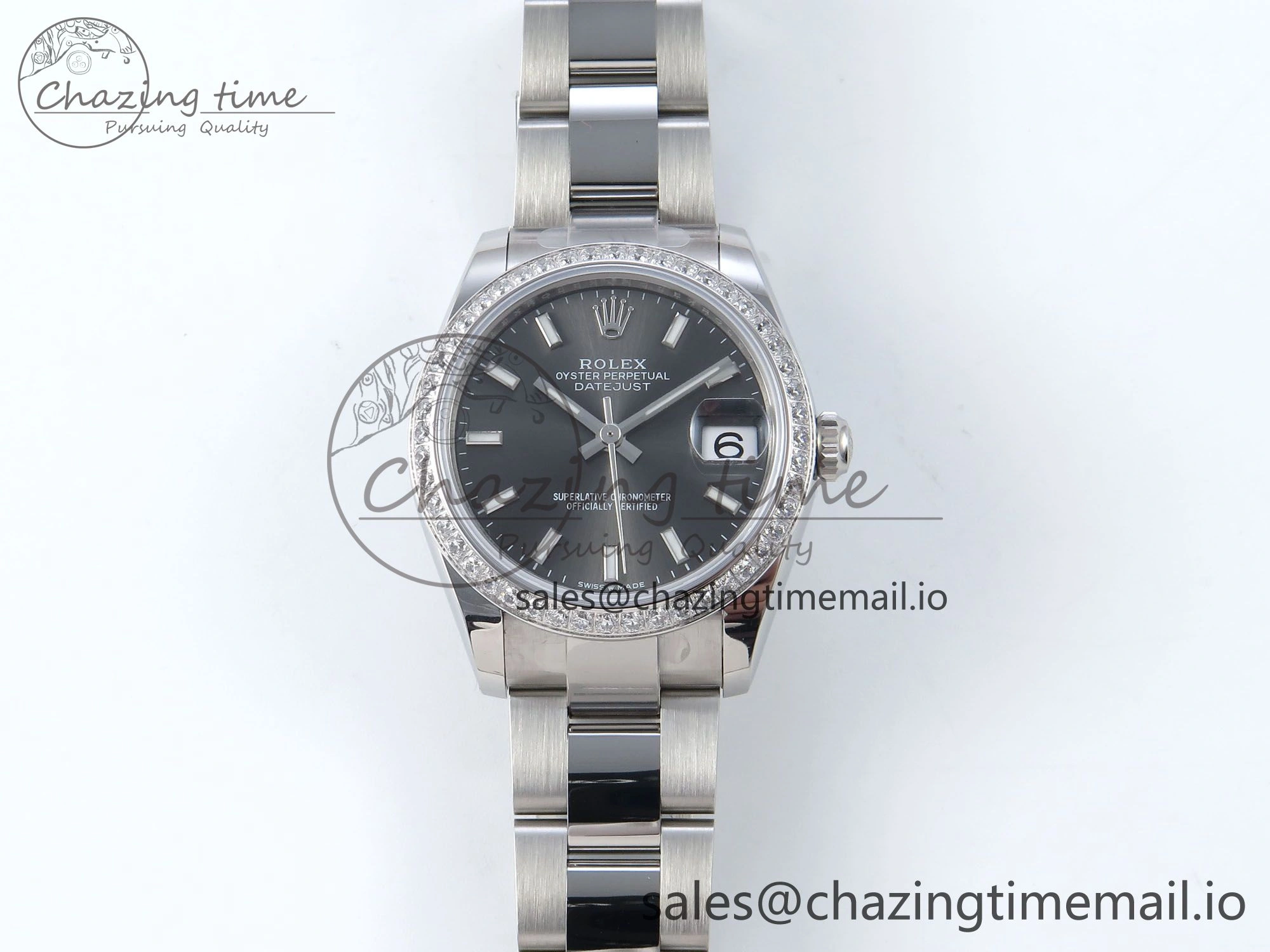Premium DateJust 31 278384RBR ARF 1:1 Best Edition 904L Steel Gray Stick Dial Diamonds Bezel on SS Oyster Bracelet ETA 435