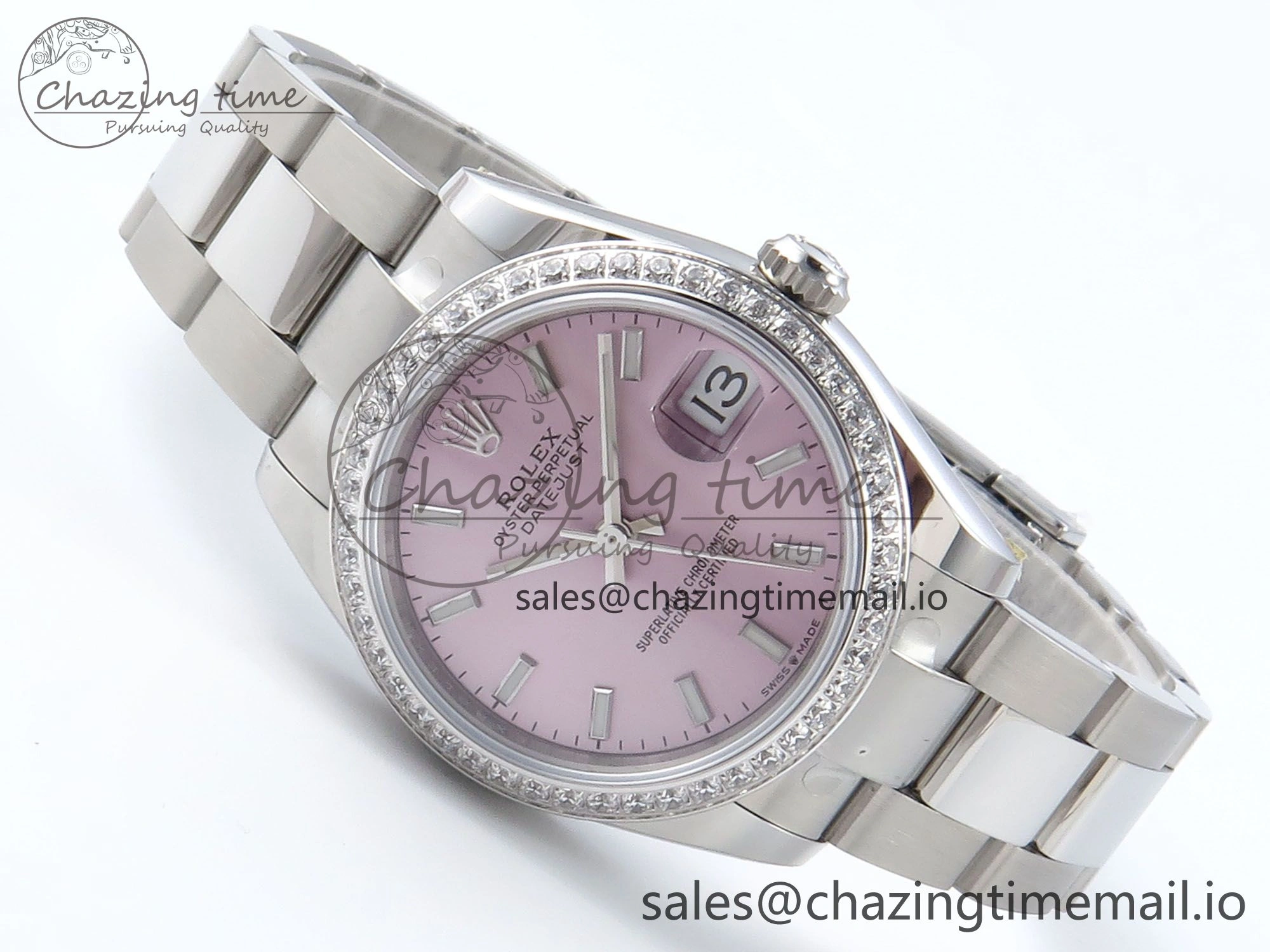 Timeless DateJust 31 278384RBR ARF 1:1 Best Edition 904L Steel Pink Stick Dial Diamonds Bezel on SS Oyster Bracelet ETA 424