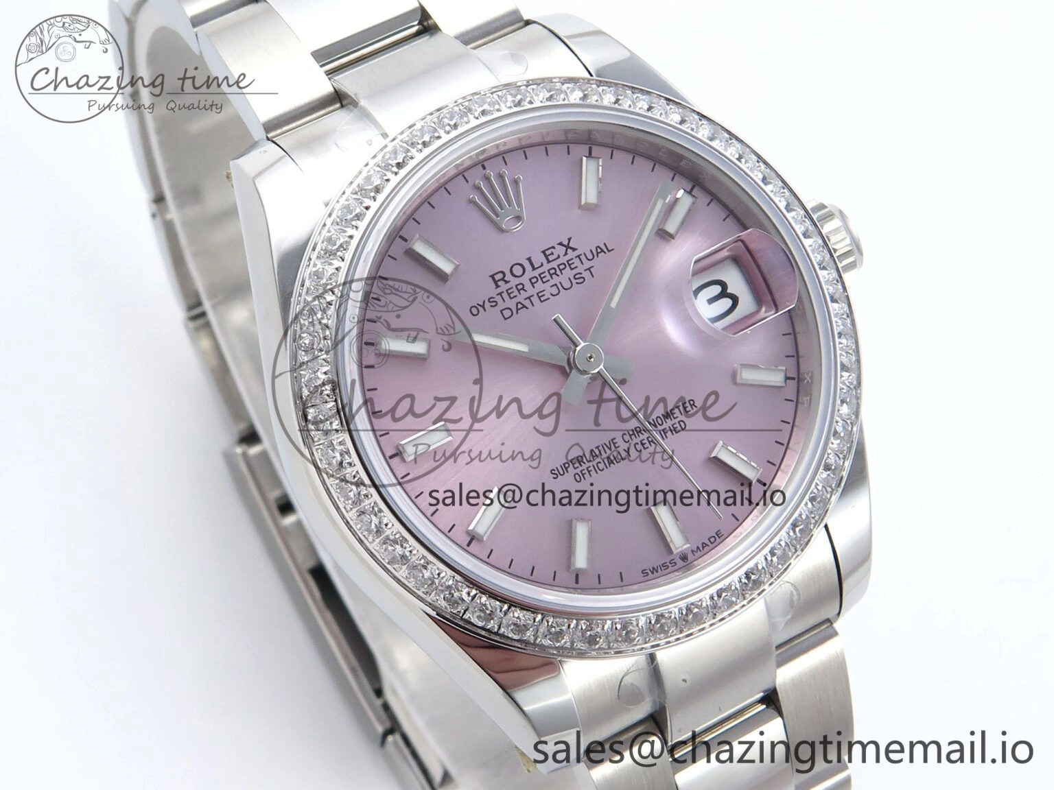 Timeless DateJust 31 278384RBR ARF 1:1 Best Edition 904L Steel Pink Stick Dial Diamonds Bezel on SS Oyster Bracelet ETA 424