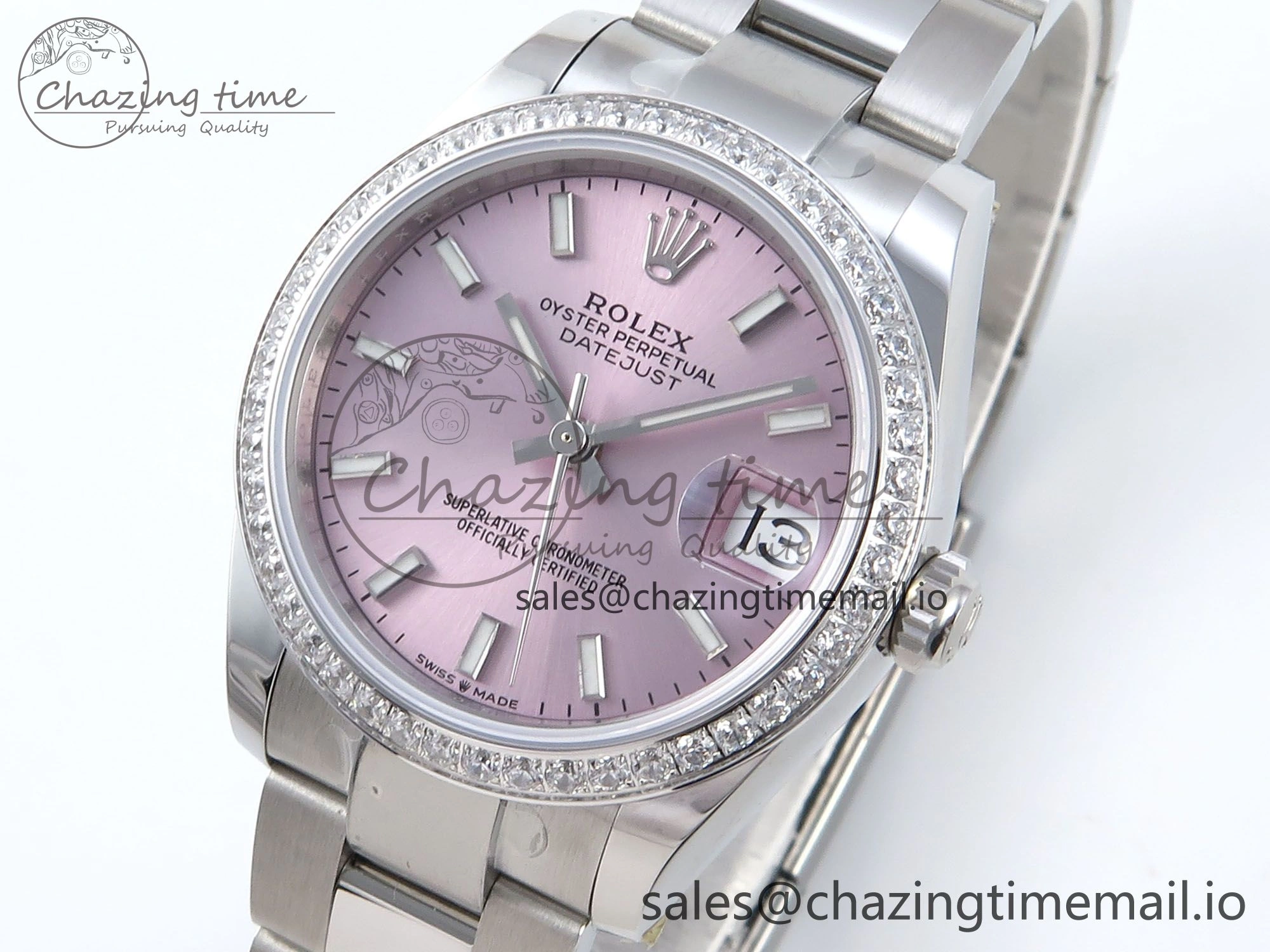 Timeless DateJust 31 278384RBR ARF 1:1 Best Edition 904L Steel Pink Stick Dial Diamonds Bezel on SS Oyster Bracelet ETA 424