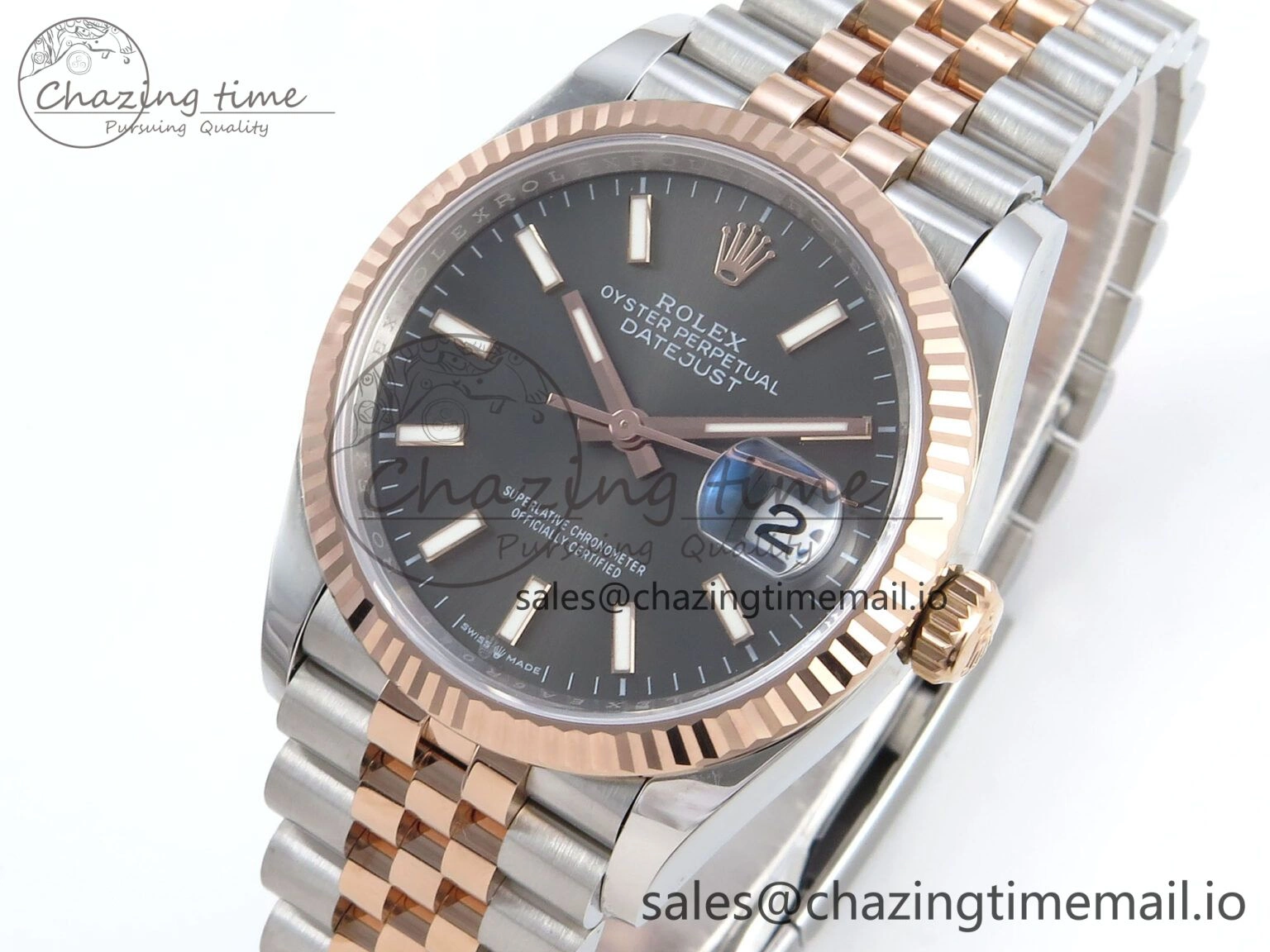 Packable DateJust 36 126231 EWEF Best Edition Gray Dial Stick Marker on SS RG Jubilee Bracelet A 593