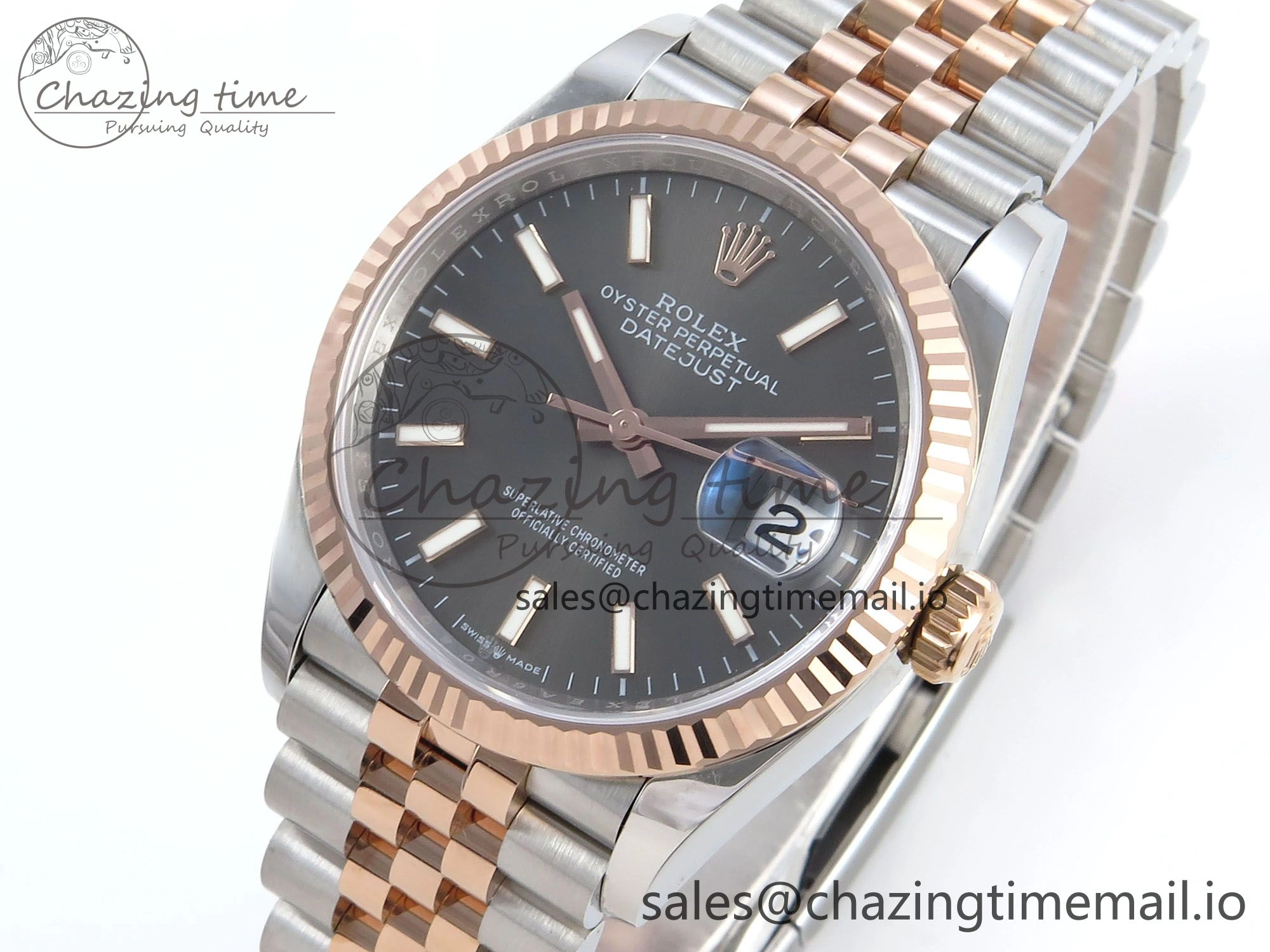 Packable DateJust 36 126231 EWEF Best Edition Gray Dial Stick Marker on SS RG Jubilee Bracelet A 593