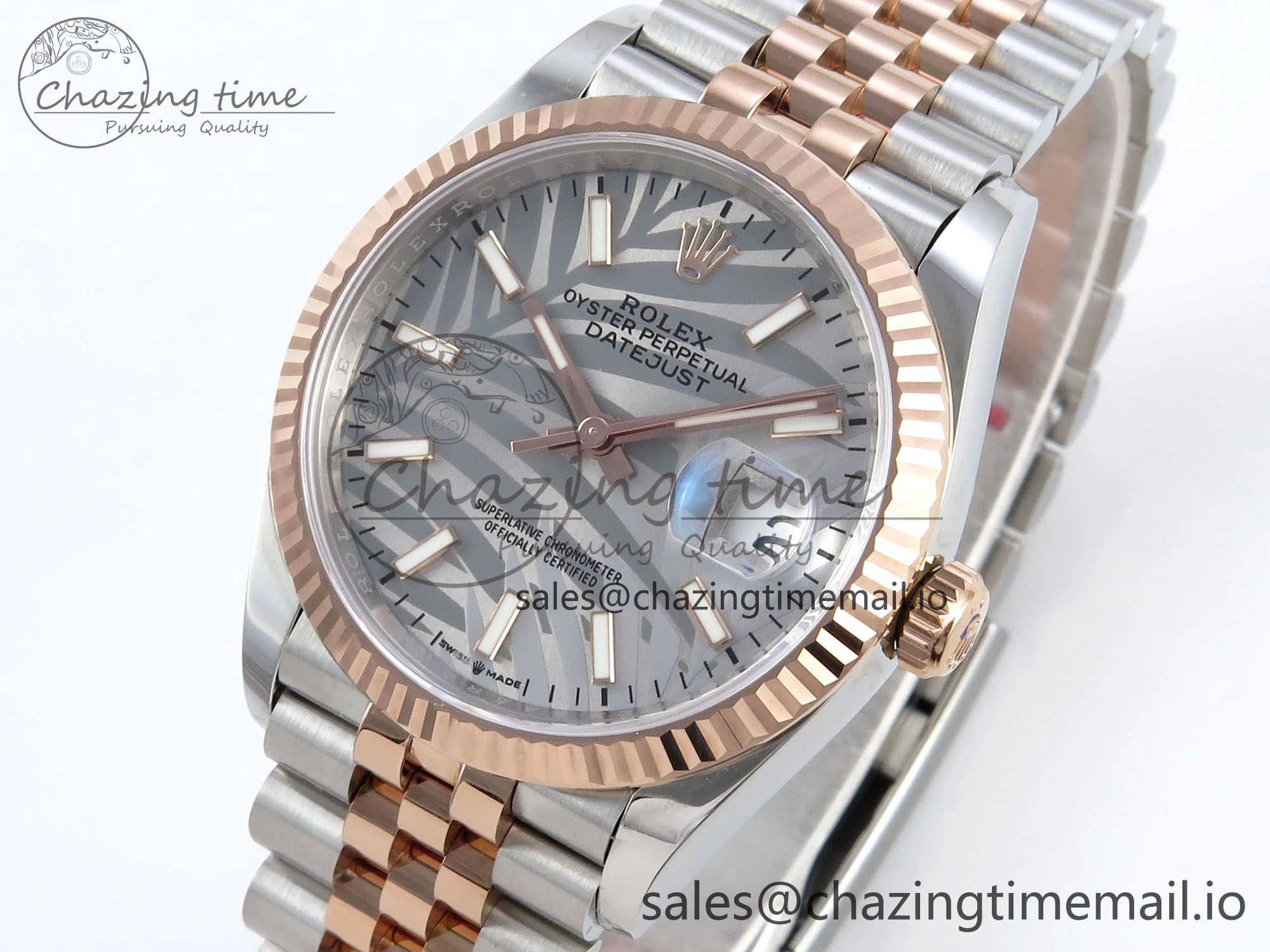 DateJust 36 126231 EWEF Best Edition Silver Leaf Dial Stick Marker on SS RG Jubilee Bracelet A Trendy 596