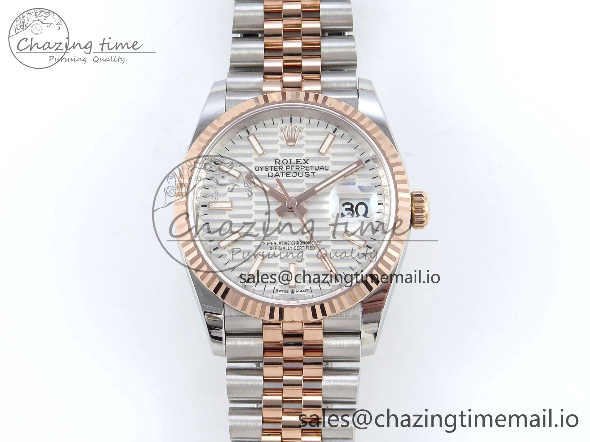DateJust 36 126231 EWEF Best Edition Silver Textured Dial Stick Marker on SS RG Jubilee Bracelet A EyeCatching 587