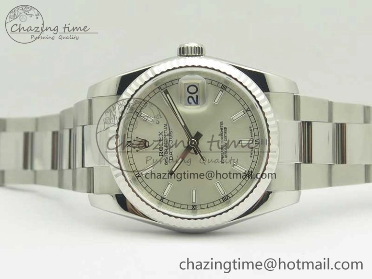 EyeCatching DateJust 36 SS 116234 Fluted Bezel DJF Best Edition Silver Dial Stick Markers on SS Oyster Bracelet A 3366