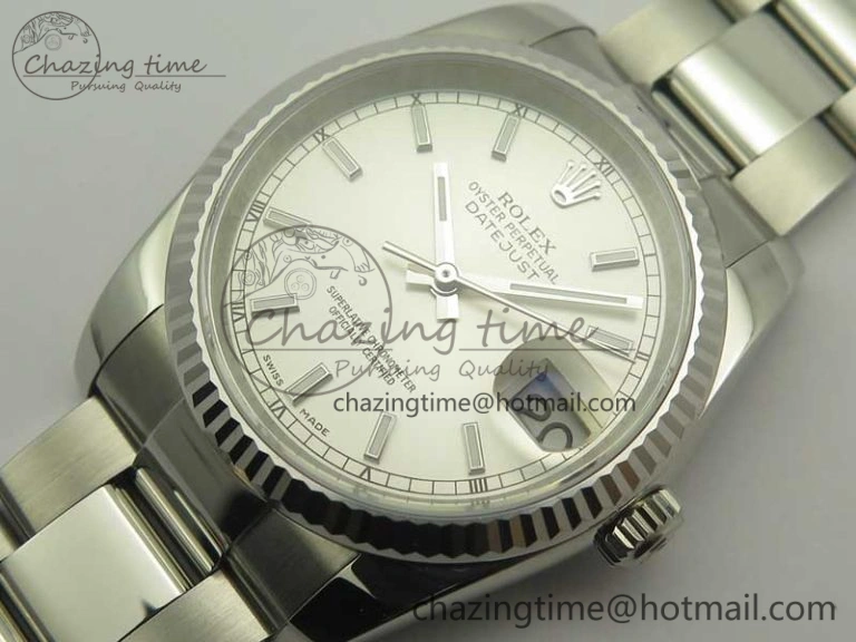 EyeCatching DateJust 36 SS 116234 Fluted Bezel DJF Best Edition Silver Dial Stick Markers on SS Oyster Bracelet A 3366