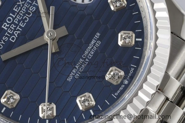 DateJust 36 SS JDF 1:1 Best Edition Blue Diamonds Textured Dial on Jubilee Bracelet VR3235 V Minimalist 10210