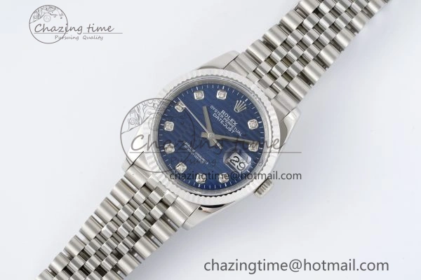 DateJust 36 SS JDF 1:1 Best Edition Blue Diamonds Textured Dial on Jubilee Bracelet VR3235 V Minimalist 10210