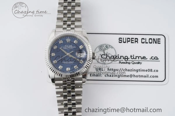 DateJust 36 SS JDF 1:1 Best Edition Blue Diamonds Textured Dial on Jubilee Bracelet VR3235 V Minimalist 10210