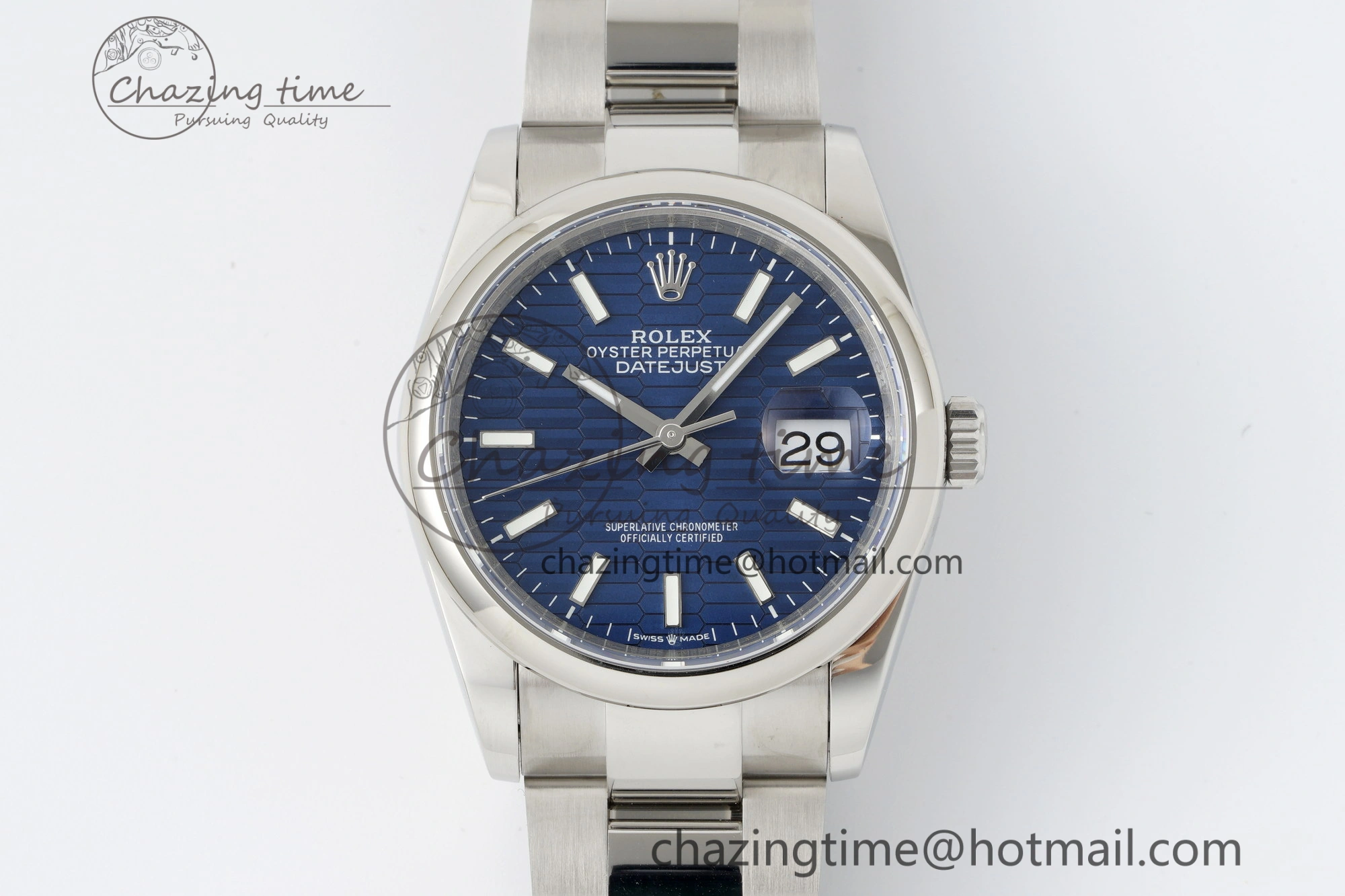 UrbanChic DateJust 36 SS JDF 904L Steel Blue Textured Dial on Oyster Bracelet VR3235 V 2234