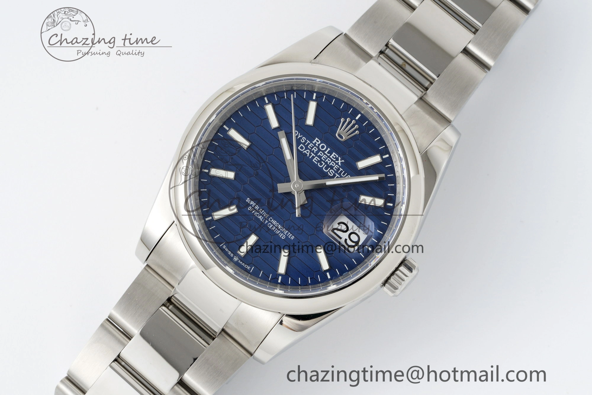 UrbanChic DateJust 36 SS JDF 904L Steel Blue Textured Dial on Oyster Bracelet VR3235 V 2234