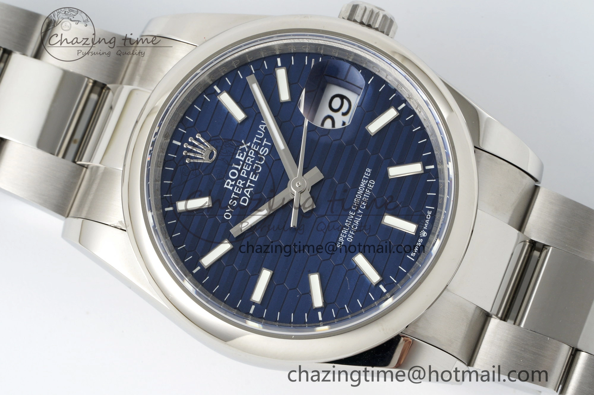 UrbanChic DateJust 36 SS JDF 904L Steel Blue Textured Dial on Oyster Bracelet VR3235 V 2234