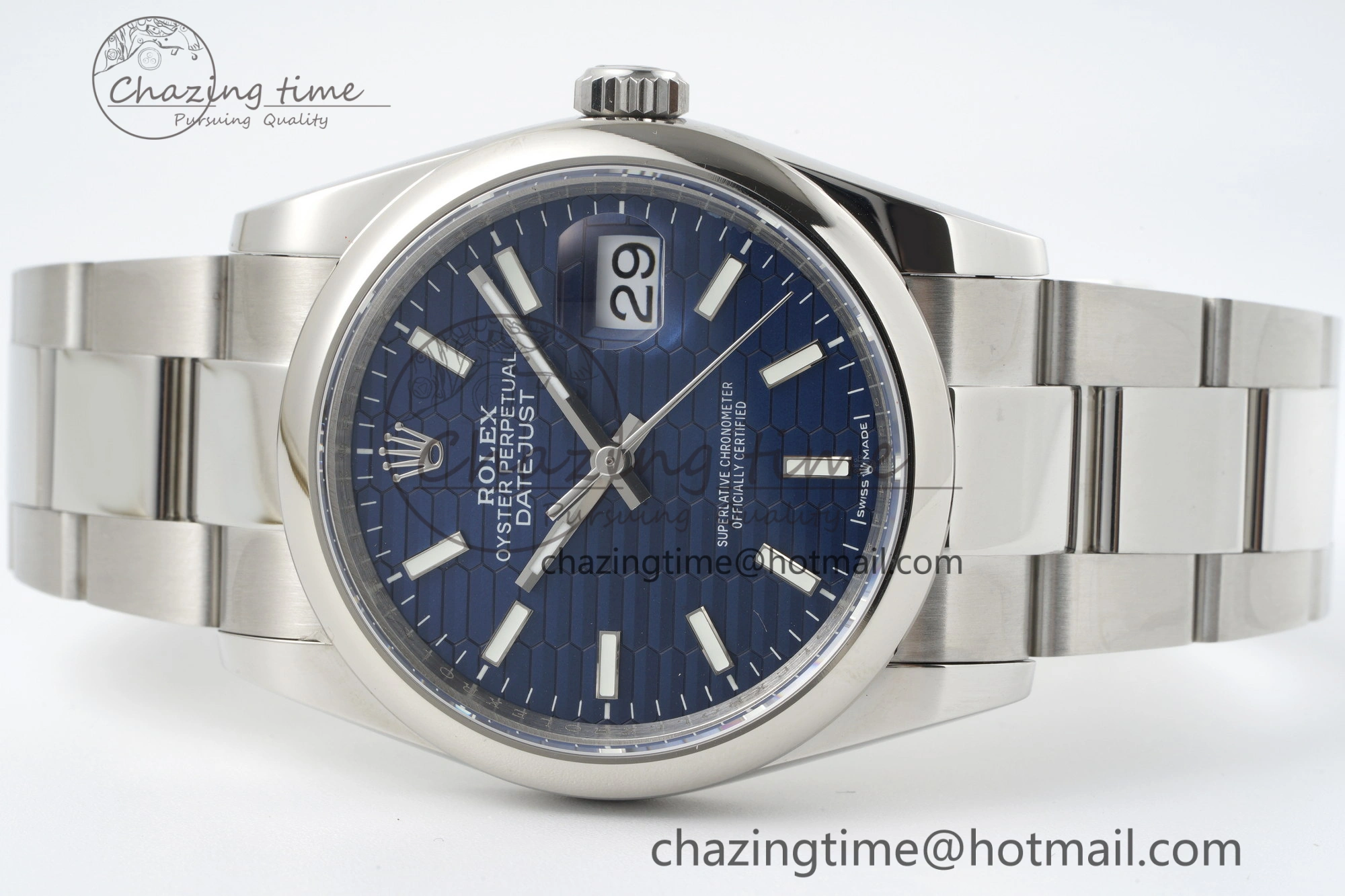 UrbanChic DateJust 36 SS JDF 904L Steel Blue Textured Dial on Oyster Bracelet VR3235 V 2234