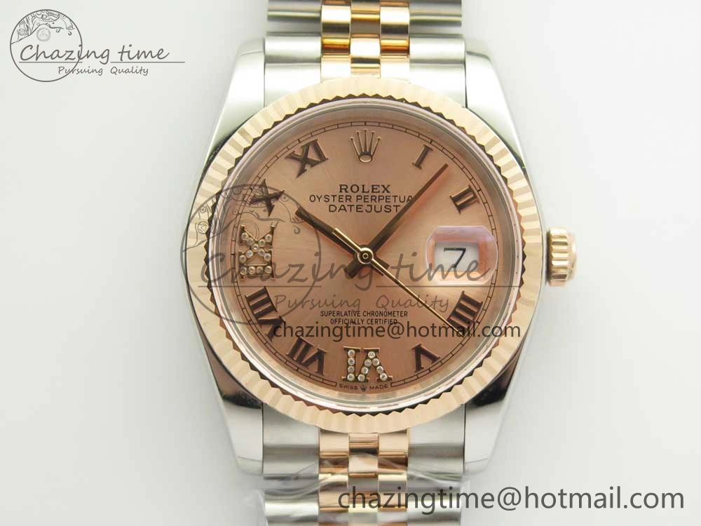 Comfortable DateJust 36 SS RG 116231 RZF Best Edition 904L Steel RG Dial Diamond Roman Markers on SS RG Bracelet A 10614