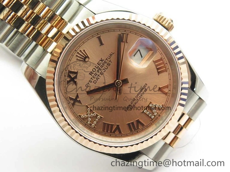 Comfortable DateJust 36 SS RG 116231 RZF Best Edition 904L Steel RG Dial Diamond Roman Markers on SS RG Bracelet A 10614