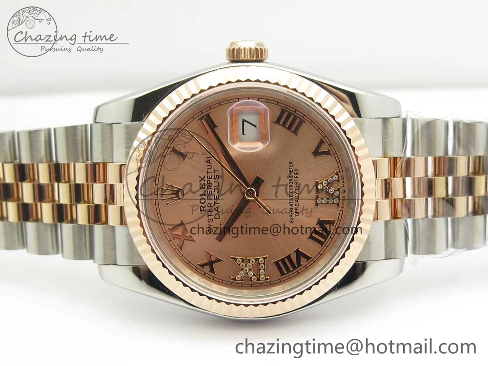 Comfortable DateJust 36 SS RG 116231 RZF Best Edition 904L Steel RG Dial Diamond Roman Markers on SS RG Bracelet A 10614