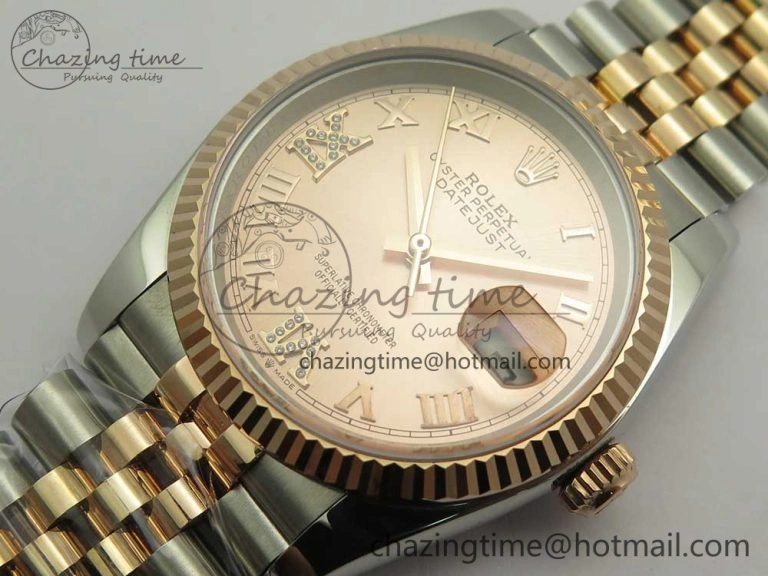 Comfortable DateJust 36 SS RG 116231 RZF Best Edition 904L Steel RG Dial Diamond Roman Markers on SS RG Bracelet A 10614
