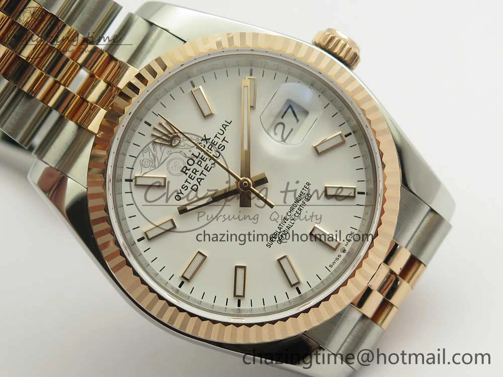 Snug DateJust 36 SS RG 116231 RZF Best Edition 904L Steel White Dial Stick Markers on SS RG Bracelet A 10617