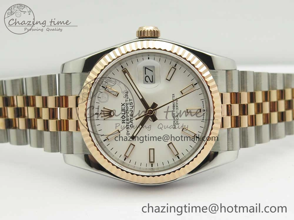 Snug DateJust 36 SS RG 116231 RZF Best Edition 904L Steel White Dial Stick Markers on SS RG Bracelet A 10617